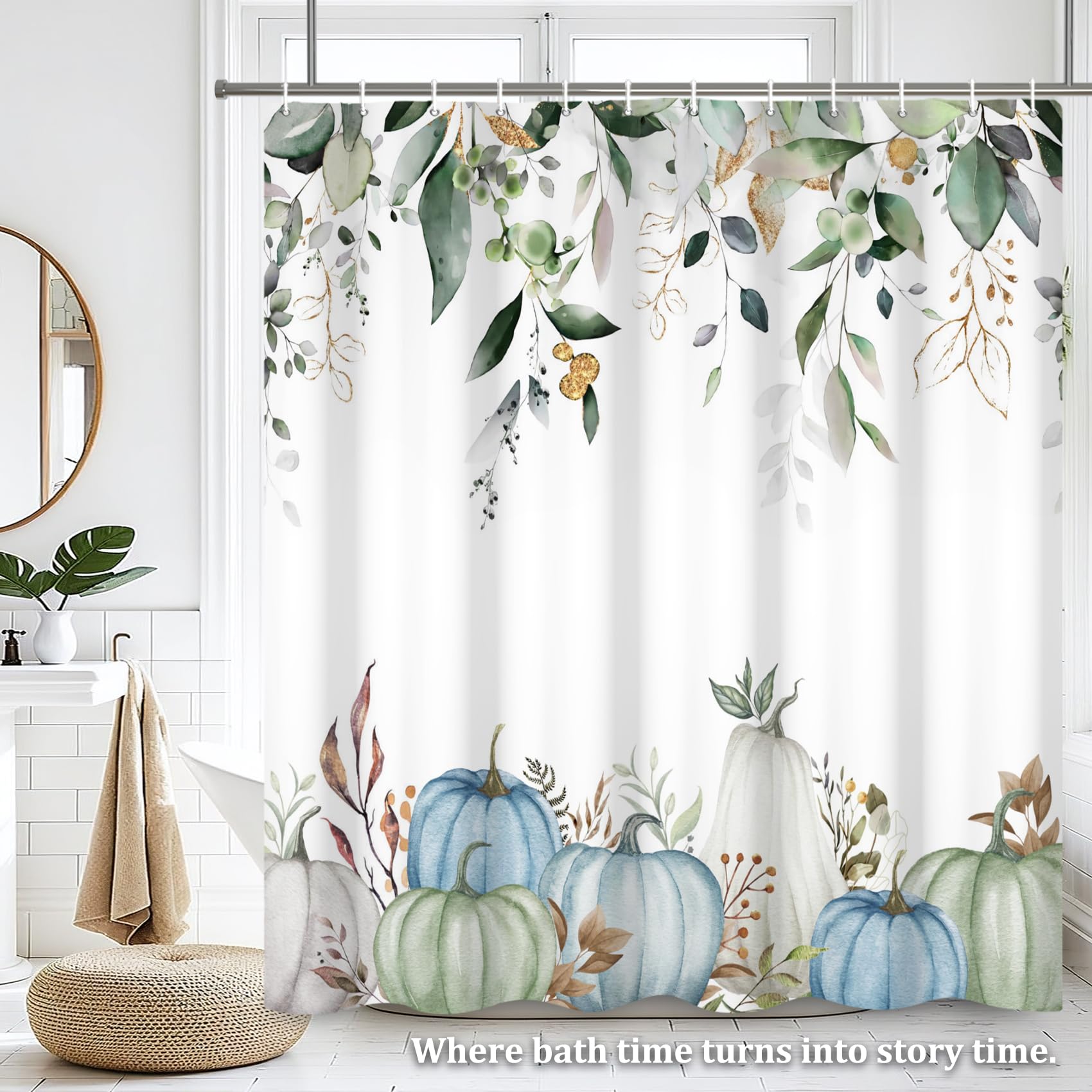 Renaiss 72 x 78 Inch Fall Pumpkin Shower Curtain Sets Green Golden Autumn Leaves Thanksgiving Decorative Bath Shower Curtain for Bathroom Polyester Fabric Waterproof Bathroom Curtain with 12 Hooks - Image 7