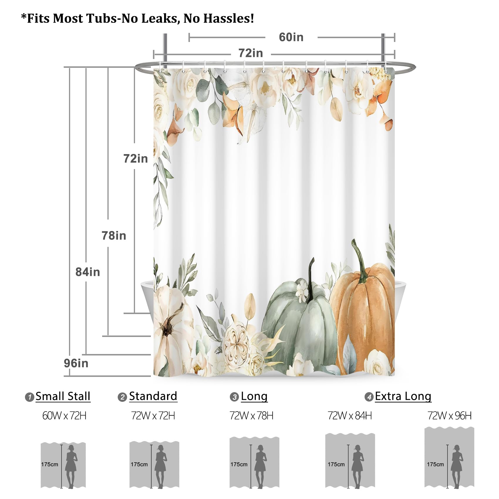 Renaiss 72 x 84 Inch Fall Pumpkins Floral Shower Curtain Farmhouse Autumn Eucalyptus Leaf Flower Botanical Harvest Thanksgiving Bathtubs Crtains Decor for Bathroom Set Fabric Waterproof with Hooks - Image 5