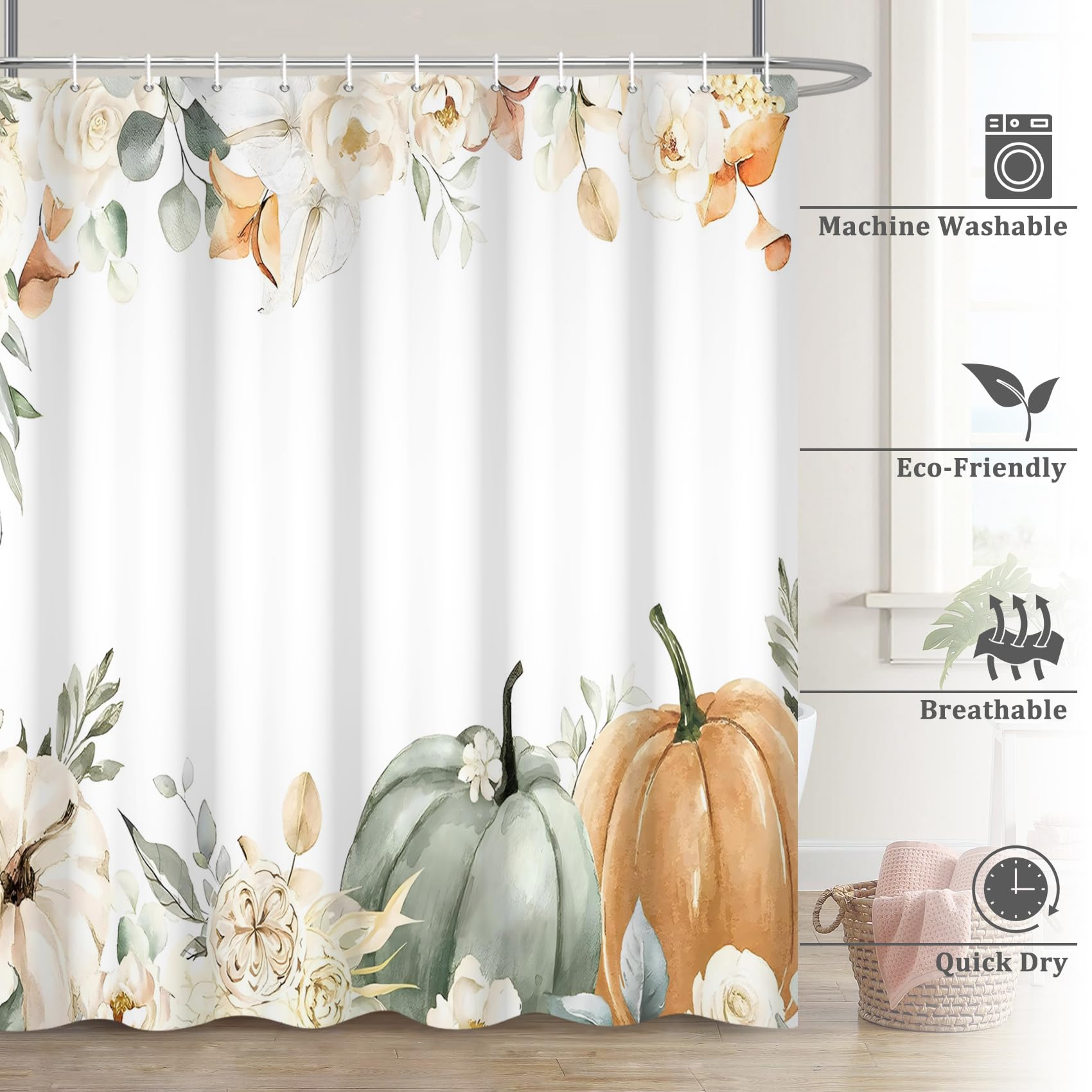 Renaiss 72 x 84 Inch Fall Pumpkins Floral Shower Curtain Farmhouse Autumn Eucalyptus Leaf Flower Botanical Harvest Thanksgiving Bathtubs Crtains Decor for Bathroom Set Fabric Waterproof with Hooks - Image 6