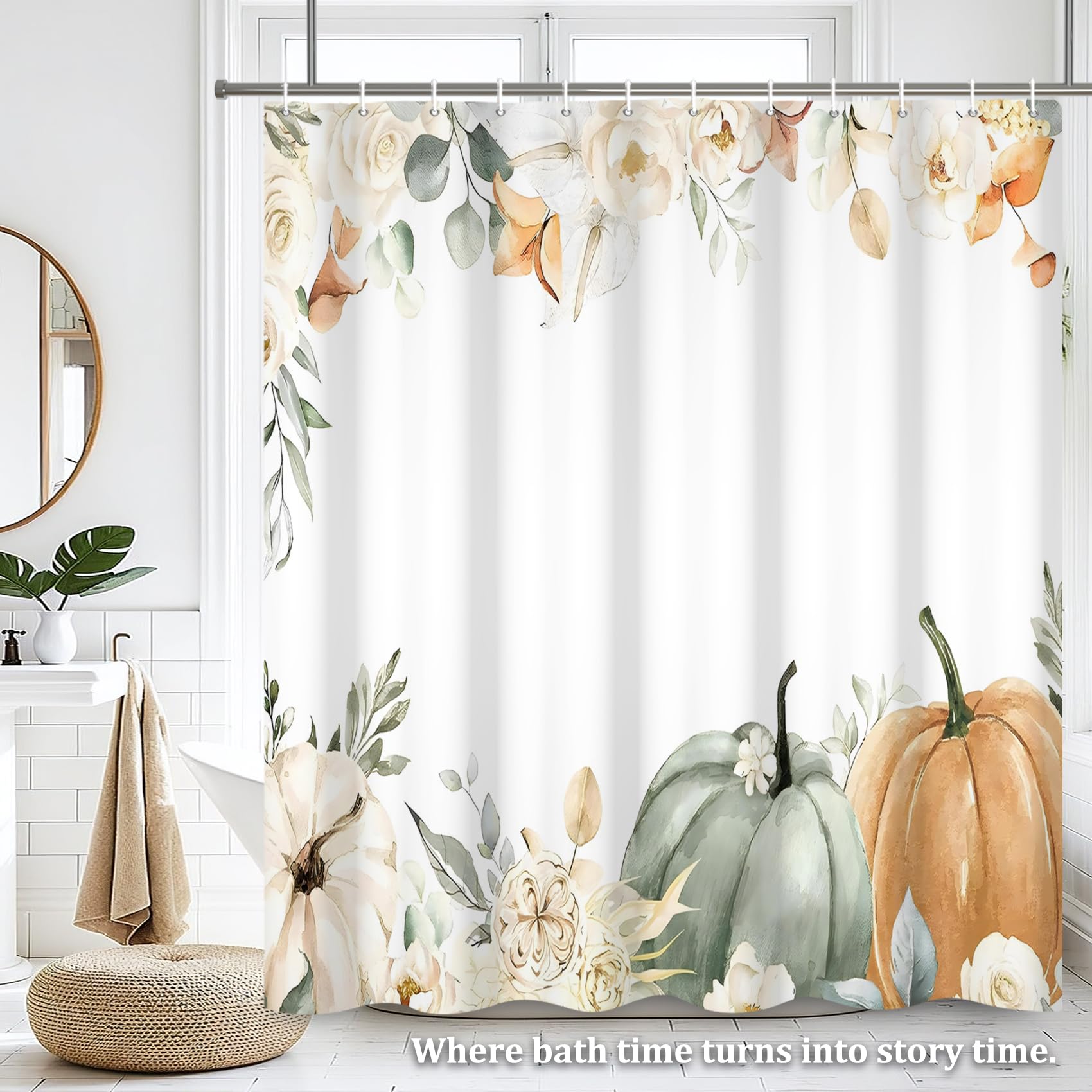 Renaiss 72 x 84 Inch Fall Pumpkins Floral Shower Curtain Farmhouse Autumn Eucalyptus Leaf Flower Botanical Harvest Thanksgiving Bathtubs Crtains Decor for Bathroom Set Fabric Waterproof with Hooks - Image 7
