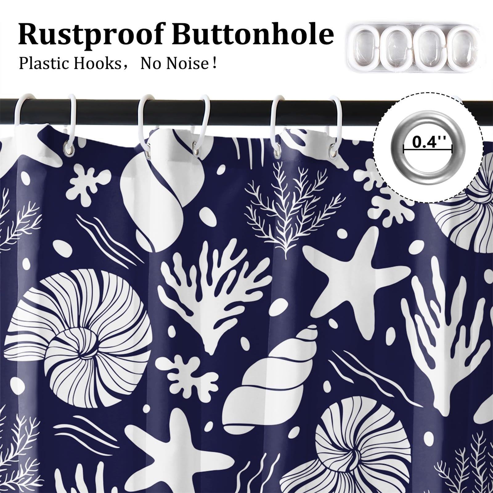Renaiss 72 x 78 Inch Starfish Seashells Shower Curtain Coral Conch Nautical Oncean Beach Summer Bathroom Decor Curtain Nautical Marine Theme Waterproof Fabric Machine Washable with 12 Hooks Navy Blue - Image 4