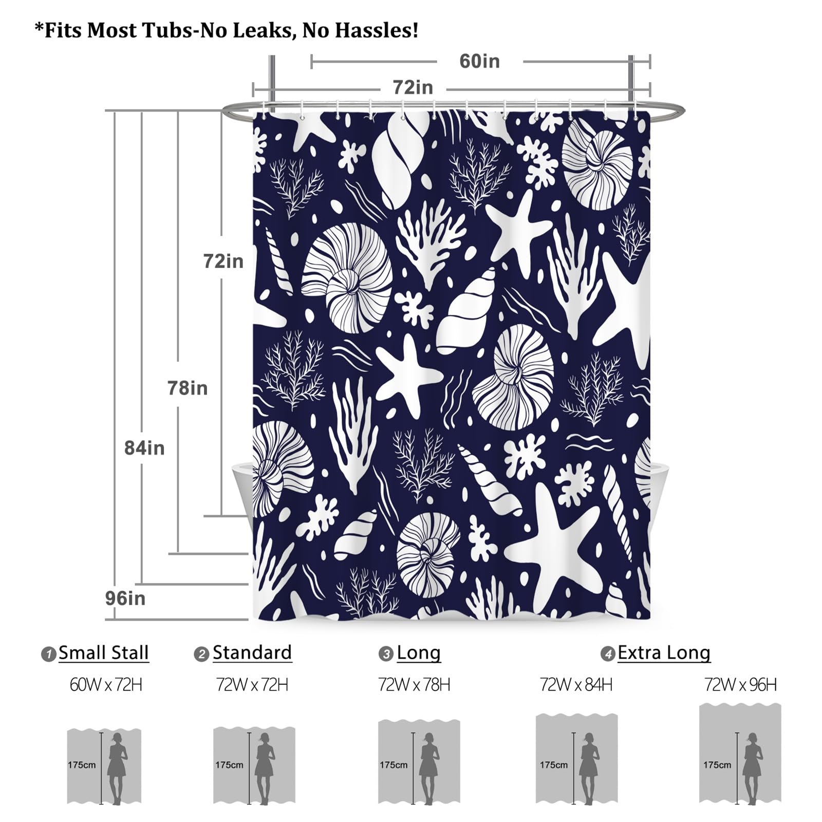 Renaiss 72 x 78 Inch Starfish Seashells Shower Curtain Coral Conch Nautical Oncean Beach Summer Bathroom Decor Curtain Nautical Marine Theme Waterproof Fabric Machine Washable with 12 Hooks Navy Blue - Image 5