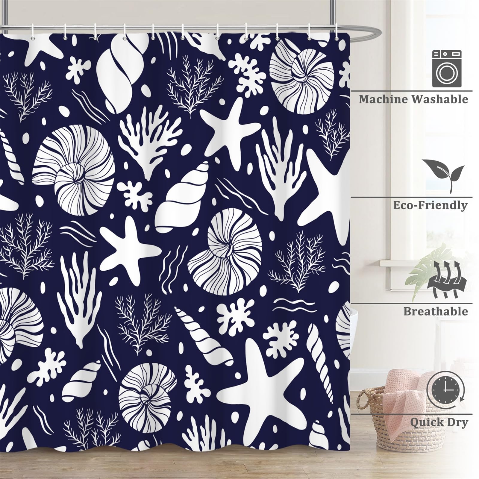 Renaiss 72 x 78 Inch Starfish Seashells Shower Curtain Coral Conch Nautical Oncean Beach Summer Bathroom Decor Curtain Nautical Marine Theme Waterproof Fabric Machine Washable with 12 Hooks Navy Blue - Image 6