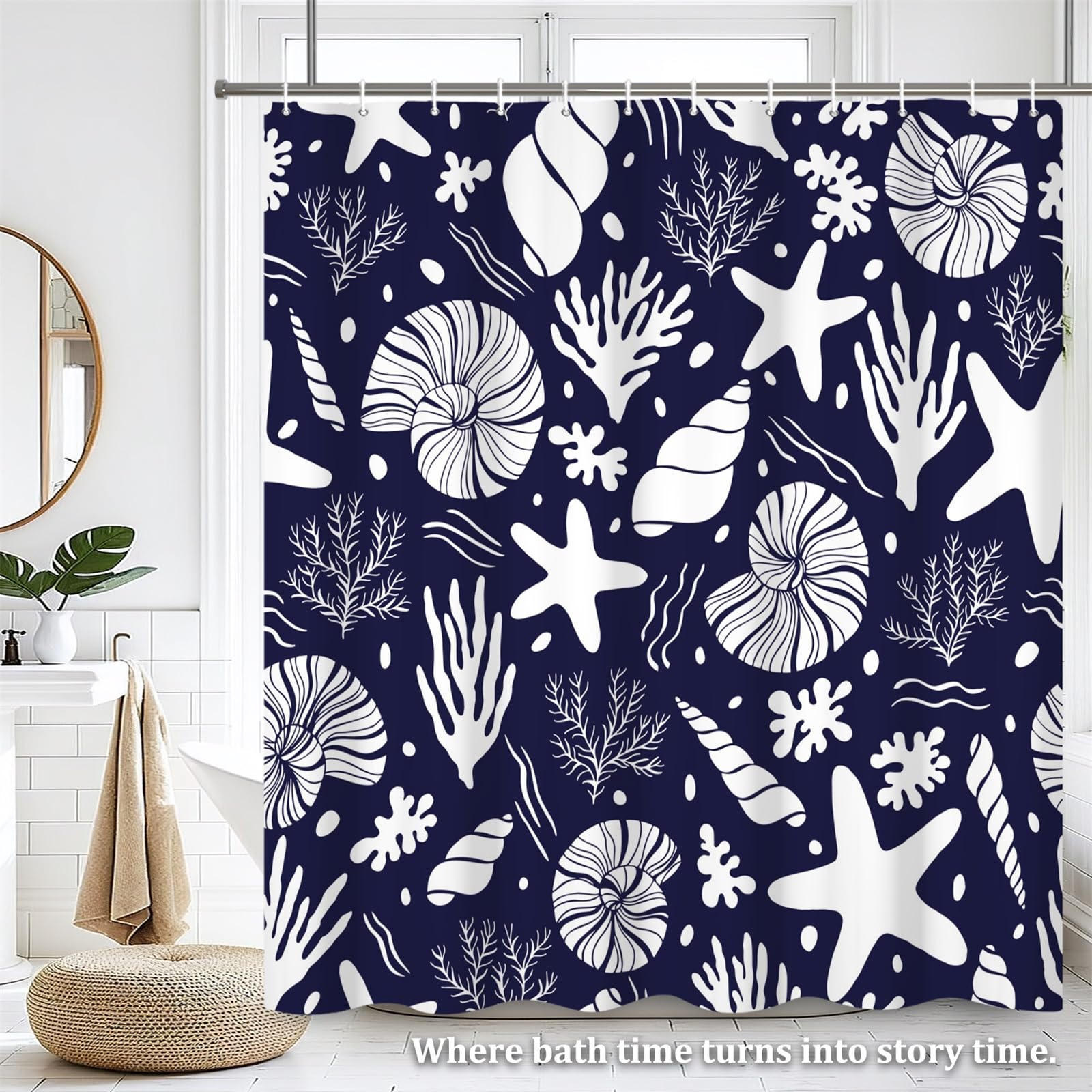 Renaiss 72 x 78 Inch Starfish Seashells Shower Curtain Coral Conch Nautical Oncean Beach Summer Bathroom Decor Curtain Nautical Marine Theme Waterproof Fabric Machine Washable with 12 Hooks Navy Blue - Image 7