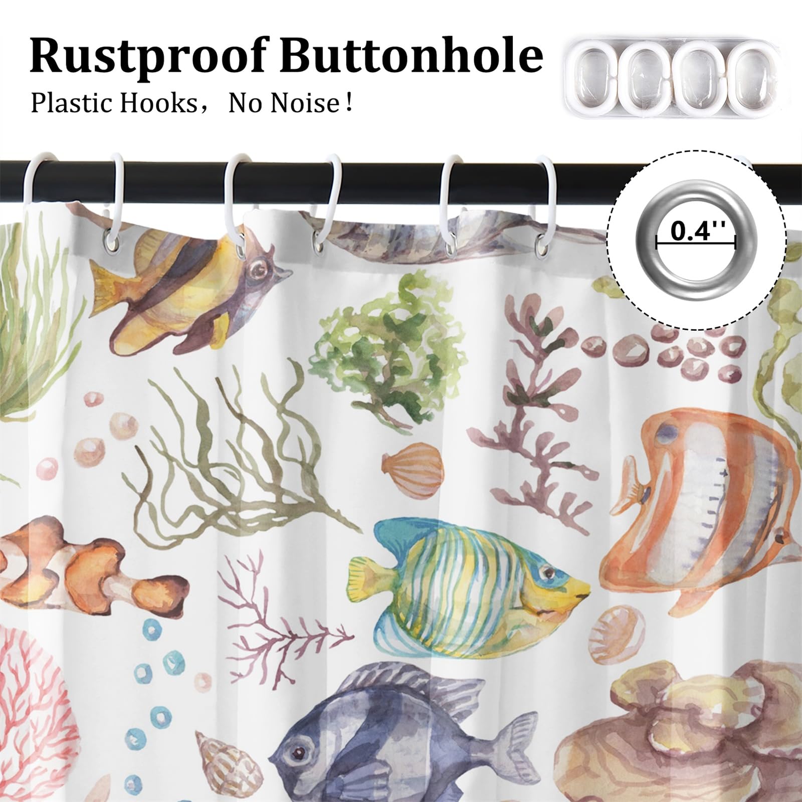 Renaiss 72 x 78 Inch Under The Sea Ocean Fish Shower Curtain for Kids Cartoon Fish Underwater Coral Animals Shower Curtains Sets Bathroom Decor Sea World Dolphin Turtle Waterproof Fabric with 12 Hooks - Image 4