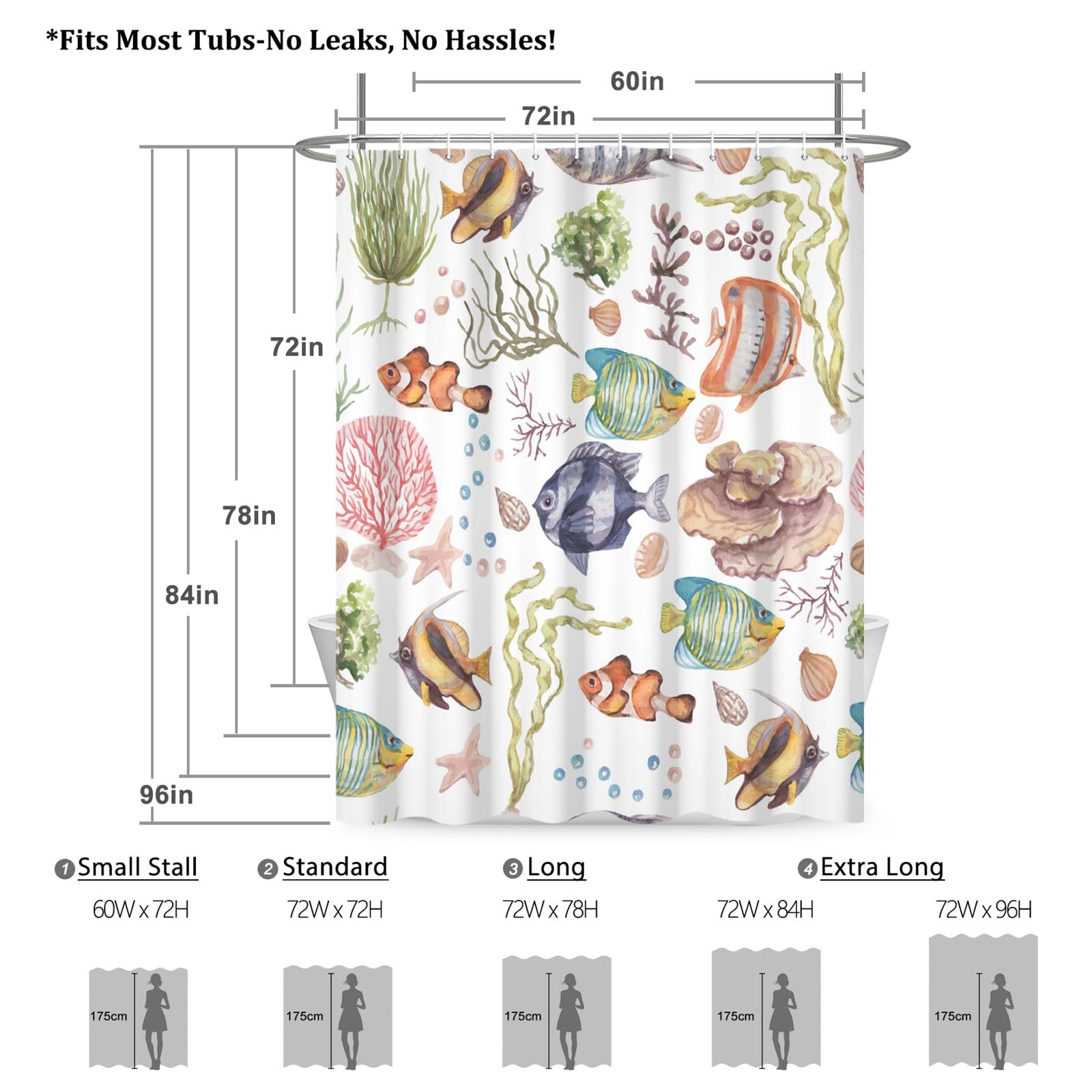 Renaiss 72 x 78 Inch Under The Sea Ocean Fish Shower Curtain for Kids Cartoon Fish Underwater Coral Animals Shower Curtains Sets Bathroom Decor Sea World Dolphin Turtle Waterproof Fabric with 12 Hooks - Image 5