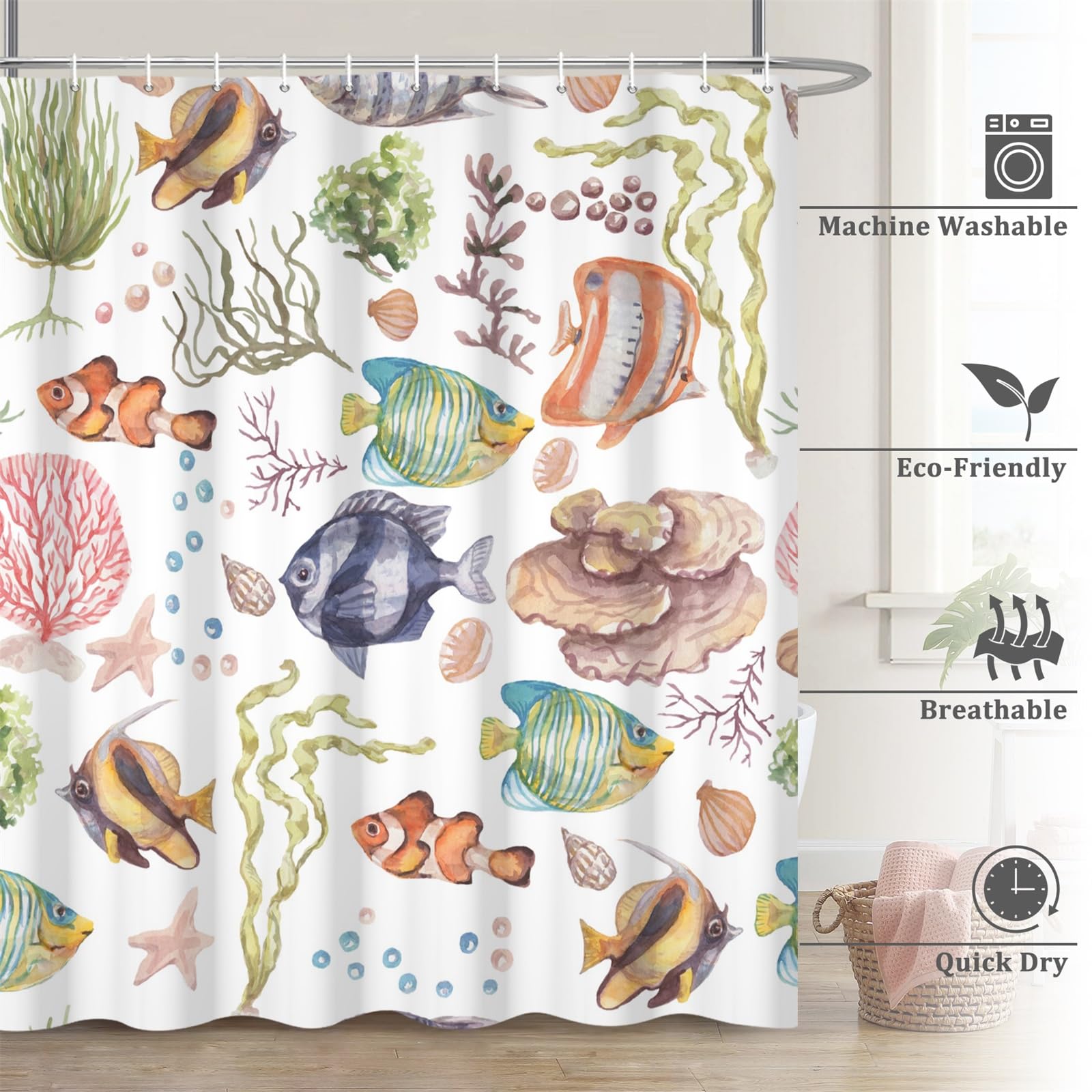 Renaiss 72 x 78 Inch Under The Sea Ocean Fish Shower Curtain for Kids Cartoon Fish Underwater Coral Animals Shower Curtains Sets Bathroom Decor Sea World Dolphin Turtle Waterproof Fabric with 12 Hooks - Image 6