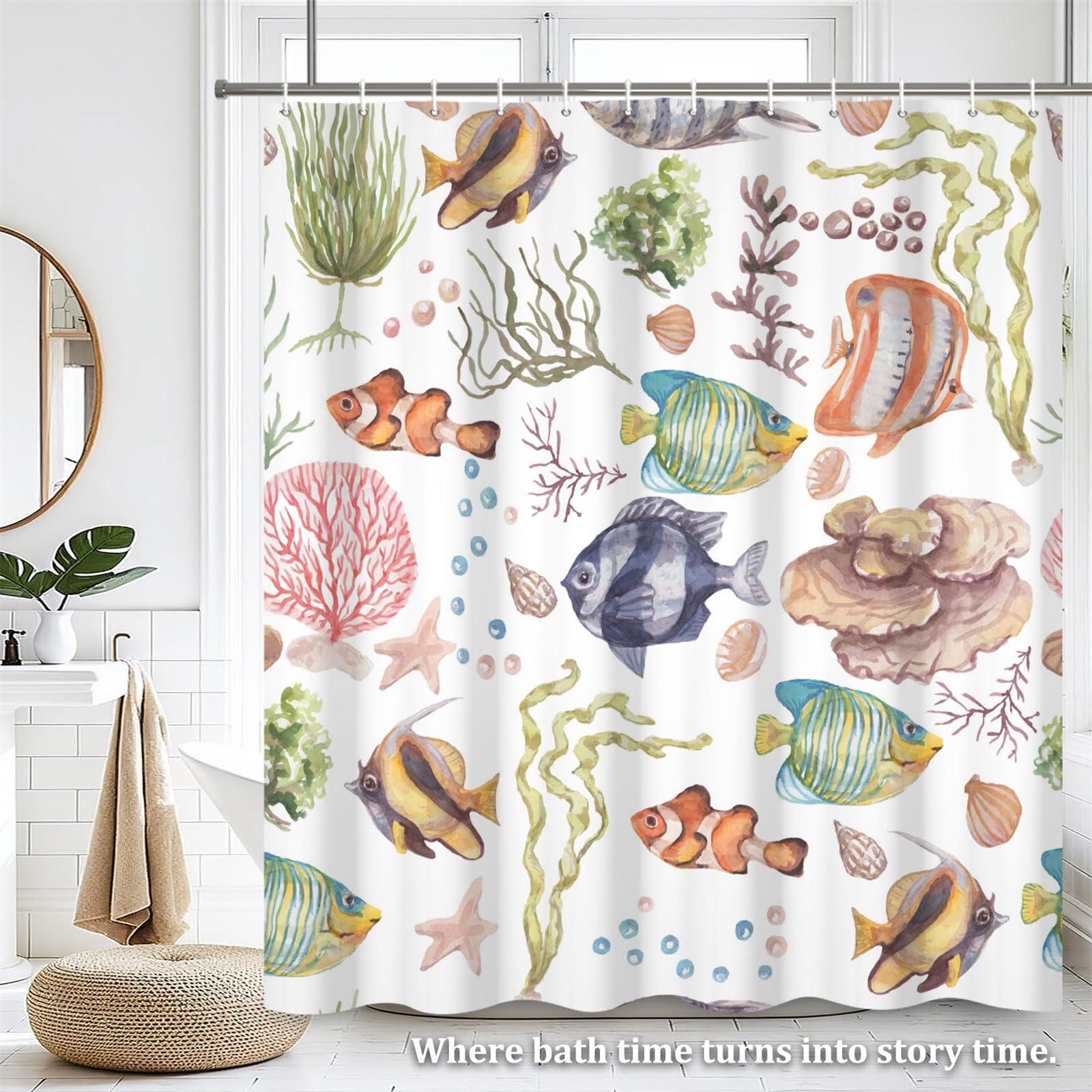 Renaiss 72 x 78 Inch Under The Sea Ocean Fish Shower Curtain for Kids Cartoon Fish Underwater Coral Animals Shower Curtains Sets Bathroom Decor Sea World Dolphin Turtle Waterproof Fabric with 12 Hooks - Image 7