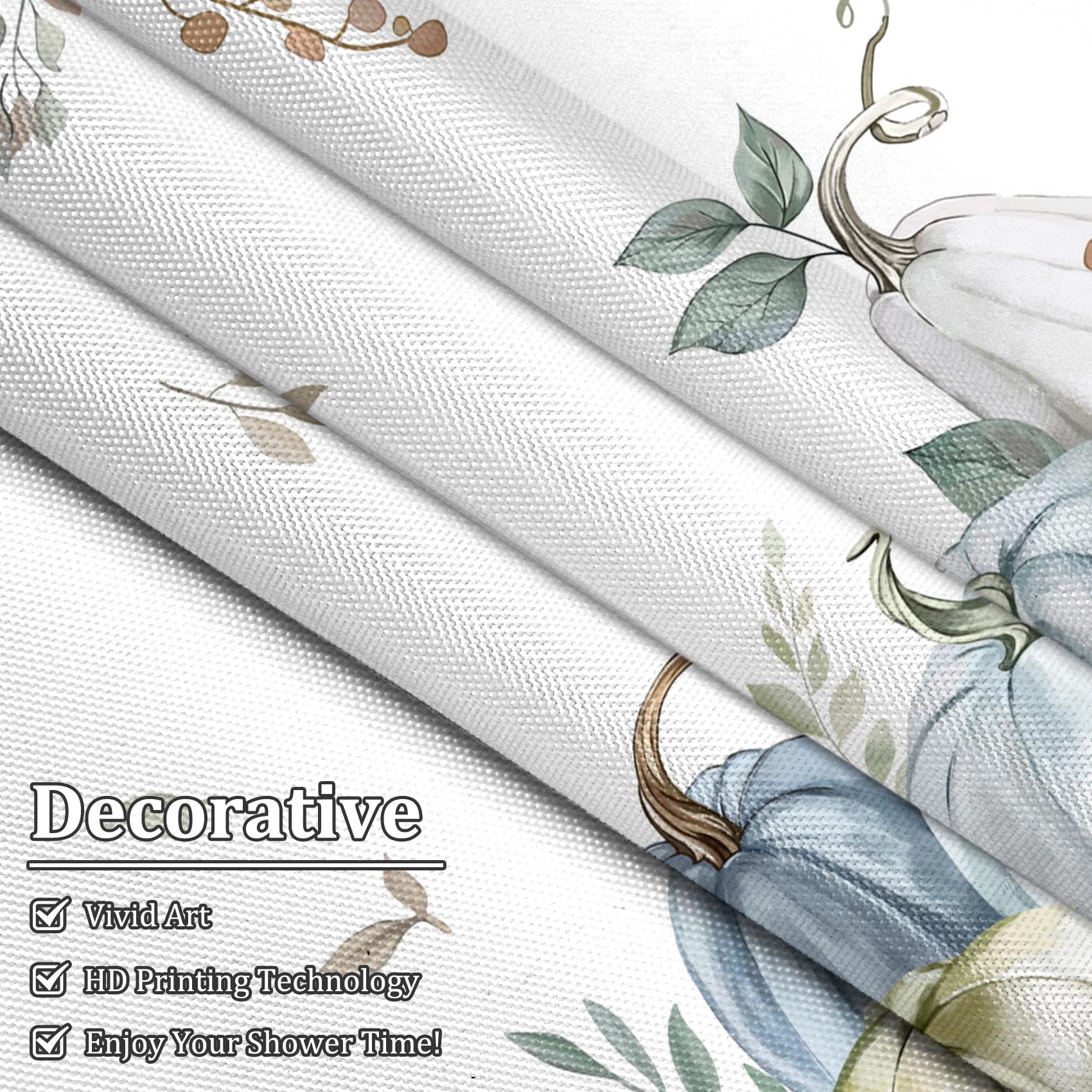 Renaiss 72 x 84 Inch Blue Pumpkin Shower Curtain Autumn Eucalyptus Leaves Thanksgiving Fall Bathroom Decorative Curtain Polyester Fabric Waterproof Bathroom Curtain with 12 Plastic Hooks - Image 4