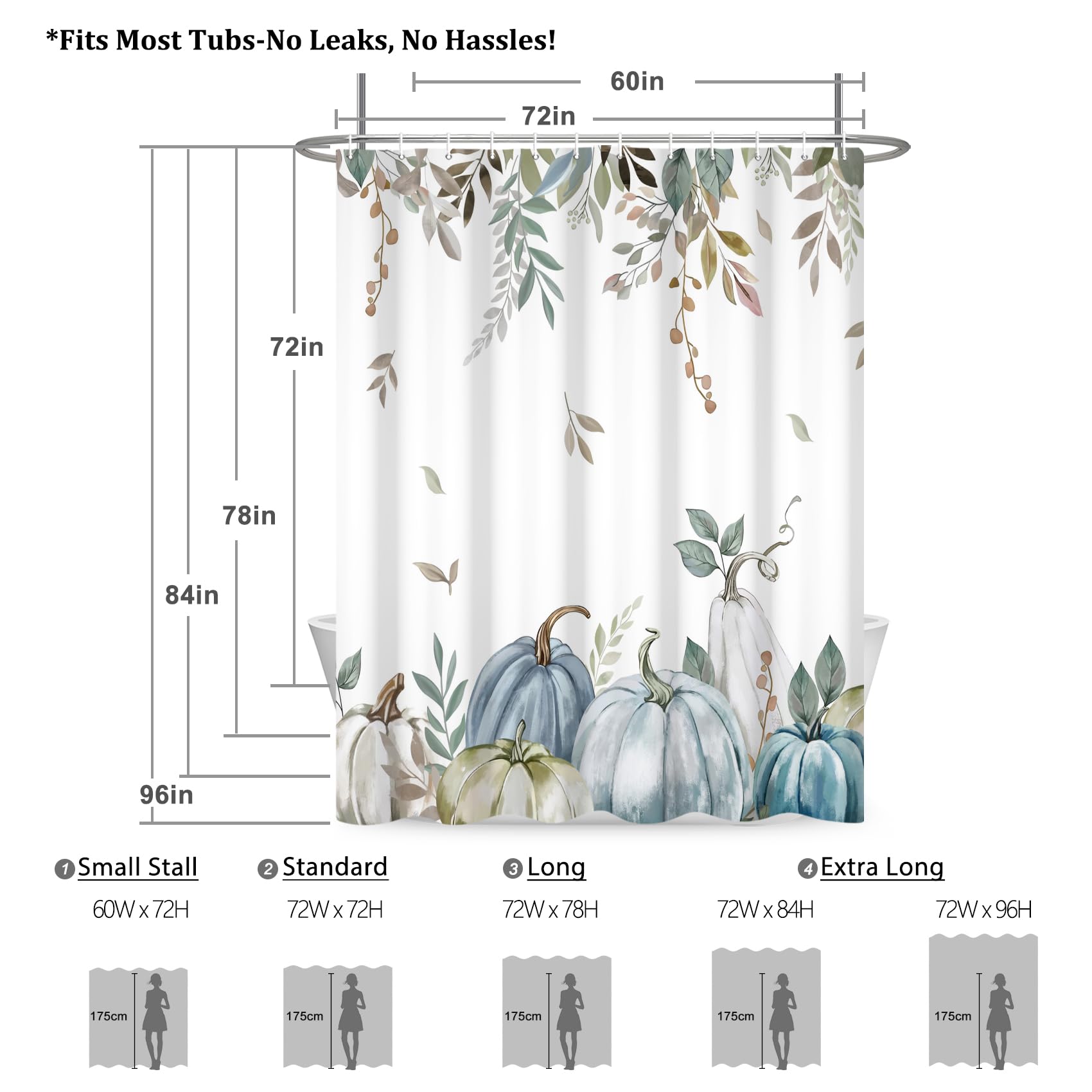 Renaiss 72 x 84 Inch Blue Pumpkin Shower Curtain Autumn Eucalyptus Leaves Thanksgiving Fall Bathroom Decorative Curtain Polyester Fabric Waterproof Bathroom Curtain with 12 Plastic Hooks - Image 5