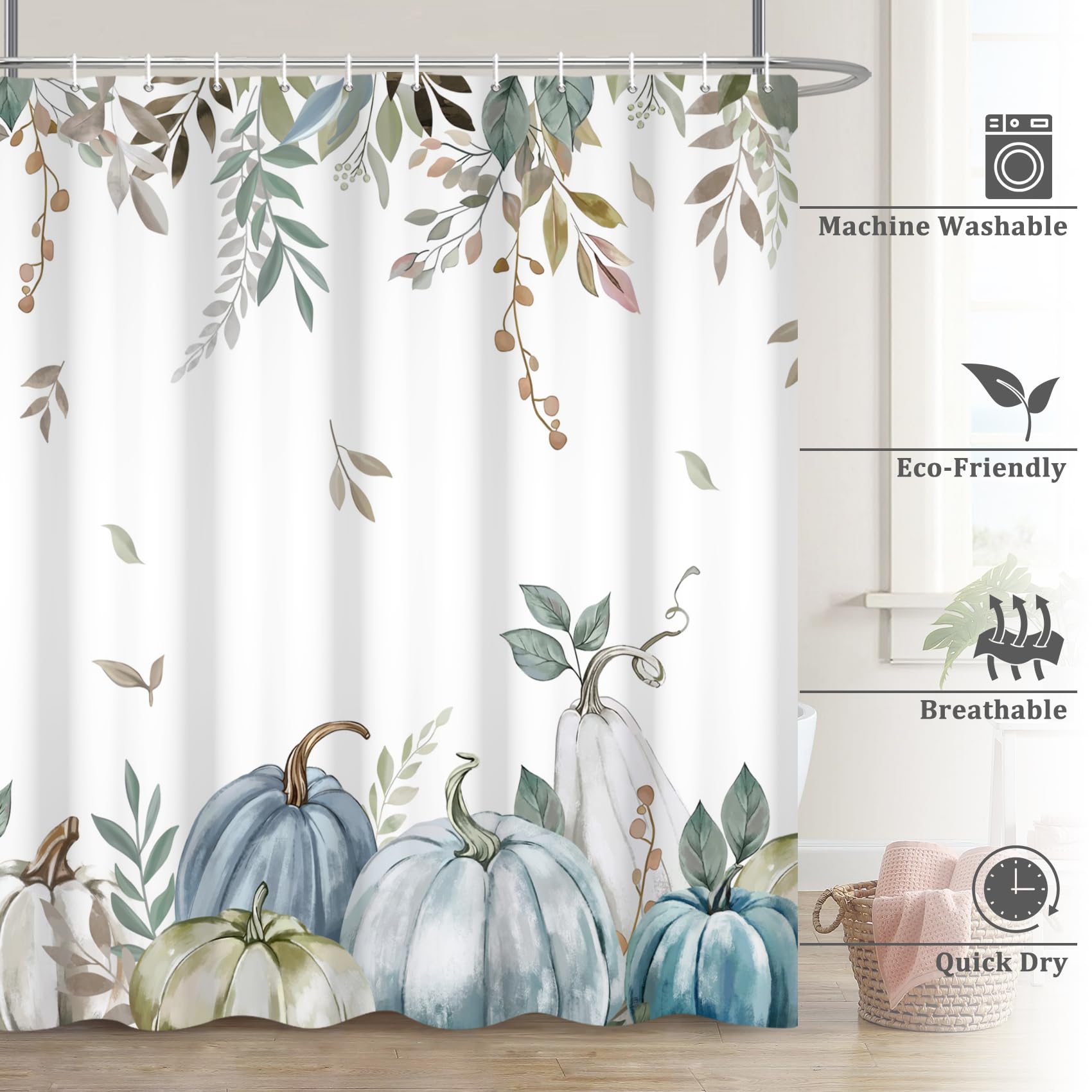 Renaiss 72 x 84 Inch Blue Pumpkin Shower Curtain Autumn Eucalyptus Leaves Thanksgiving Fall Bathroom Decorative Curtain Polyester Fabric Waterproof Bathroom Curtain with 12 Plastic Hooks - Image 6