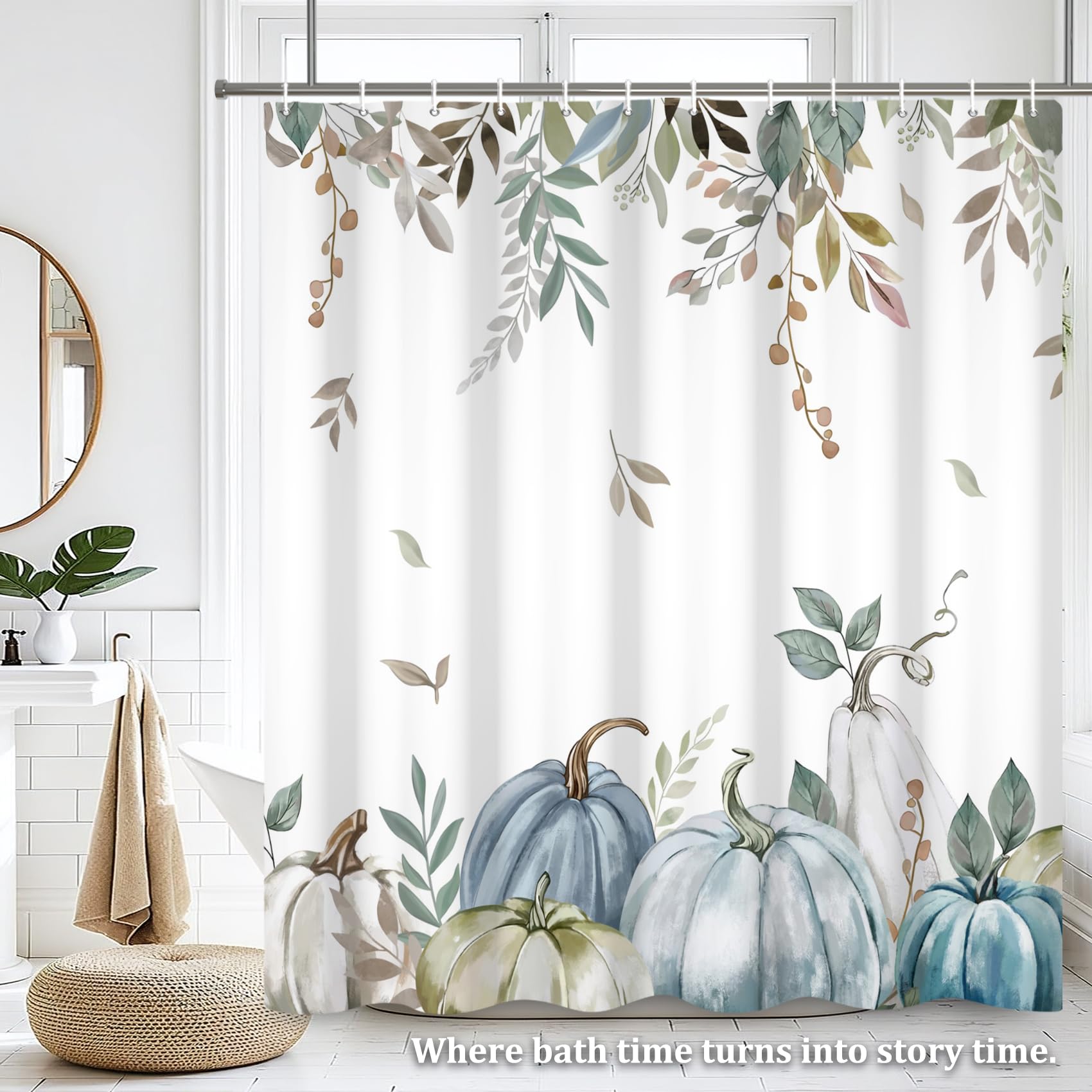 Renaiss 72 x 84 Inch Blue Pumpkin Shower Curtain Autumn Eucalyptus Leaves Thanksgiving Fall Bathroom Decorative Curtain Polyester Fabric Waterproof Bathroom Curtain with 12 Plastic Hooks - Image 7