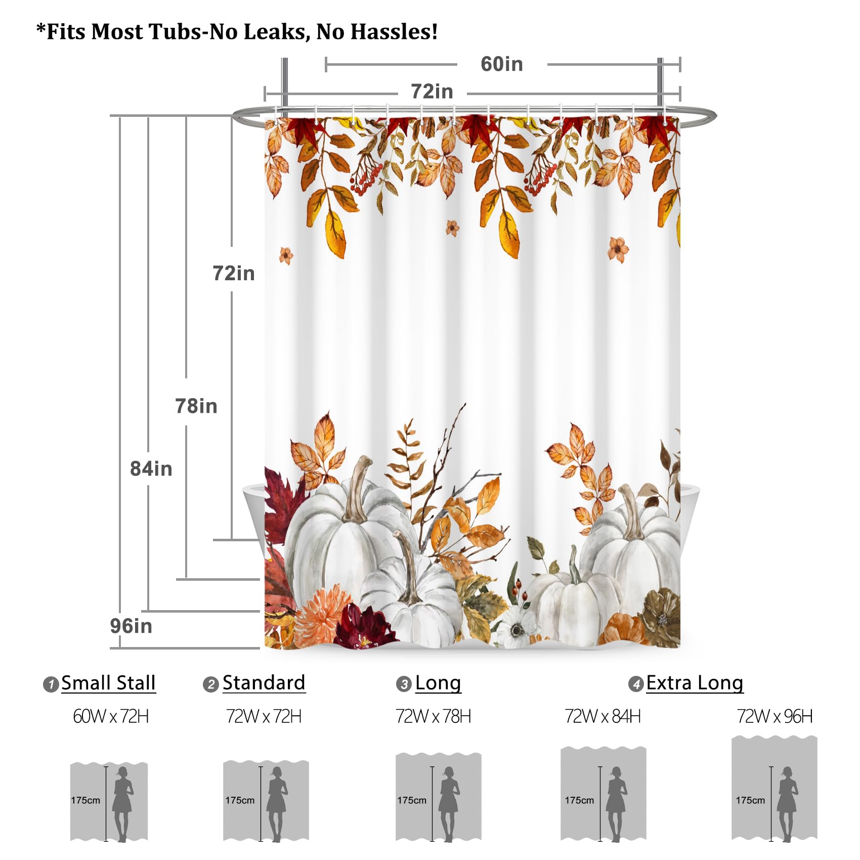 Renaiss 72 x 78 Inch Fall Harvest Thanksgiving Pumpkin Shower Curtain Autumn Leaves Pumpkins Farmhouse Bath Curtain Maple Leaves Bathroom Accessories Botanical Bathroom Curtain Liner Set with Hooks - Image 5