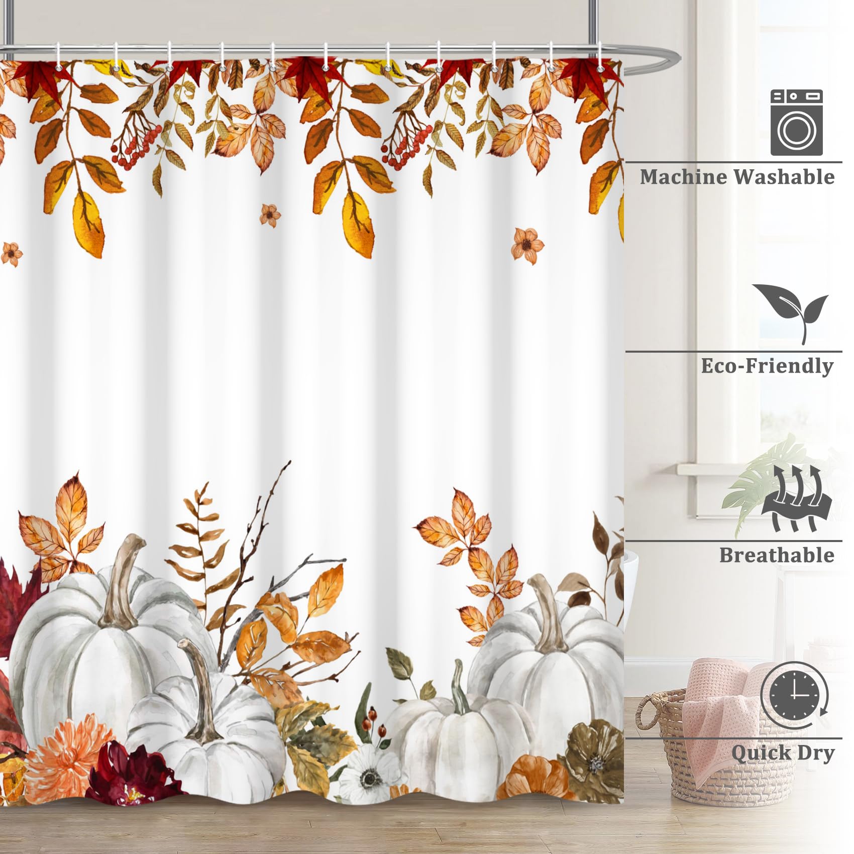 Renaiss 72 x 78 Inch Fall Harvest Thanksgiving Pumpkin Shower Curtain Autumn Leaves Pumpkins Farmhouse Bath Curtain Maple Leaves Bathroom Accessories Botanical Bathroom Curtain Liner Set with Hooks - Image 6
