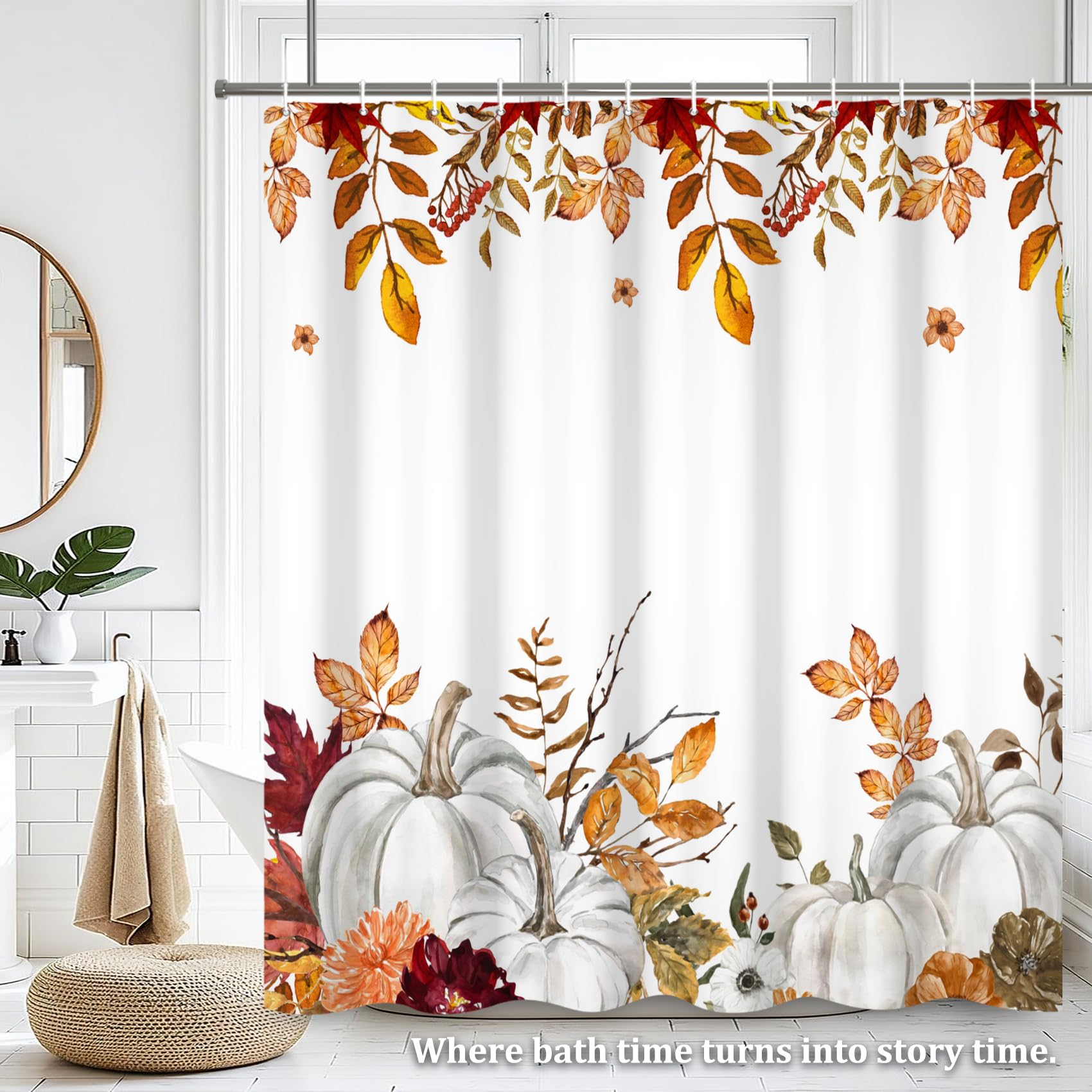 Renaiss 72 x 78 Inch Fall Harvest Thanksgiving Pumpkin Shower Curtain Autumn Leaves Pumpkins Farmhouse Bath Curtain Maple Leaves Bathroom Accessories Botanical Bathroom Curtain Liner Set with Hooks - Image 7