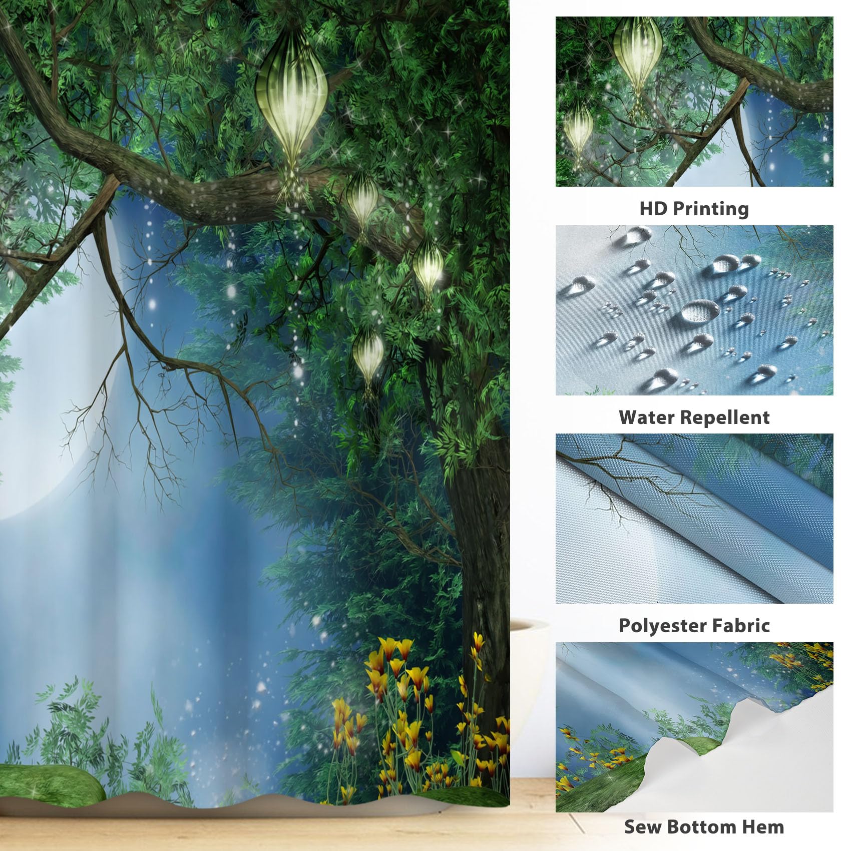 Renaiss 72x72 Inches Enchanted Forest Shower Curtains for Bathroom Wonderland Fantasy Shower Curtain Fairy Tales Magic Tree Full Moon Lanterns Jungle Bath Curtain Decorative Waterproof with Hooks - Image 3
