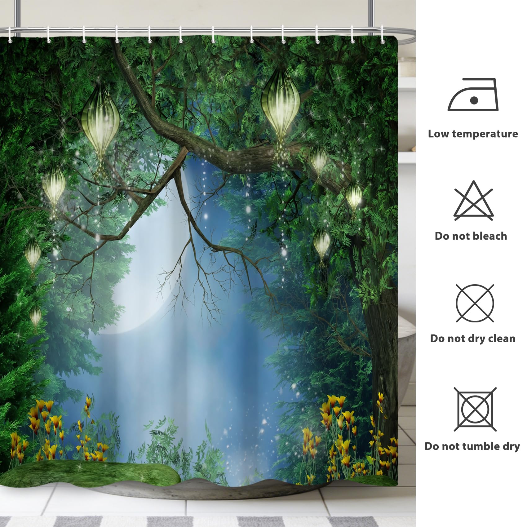 Renaiss 72x72 Inches Enchanted Forest Shower Curtains for Bathroom Wonderland Fantasy Shower Curtain Fairy Tales Magic Tree Full Moon Lanterns Jungle Bath Curtain Decorative Waterproof with Hooks - Image 5