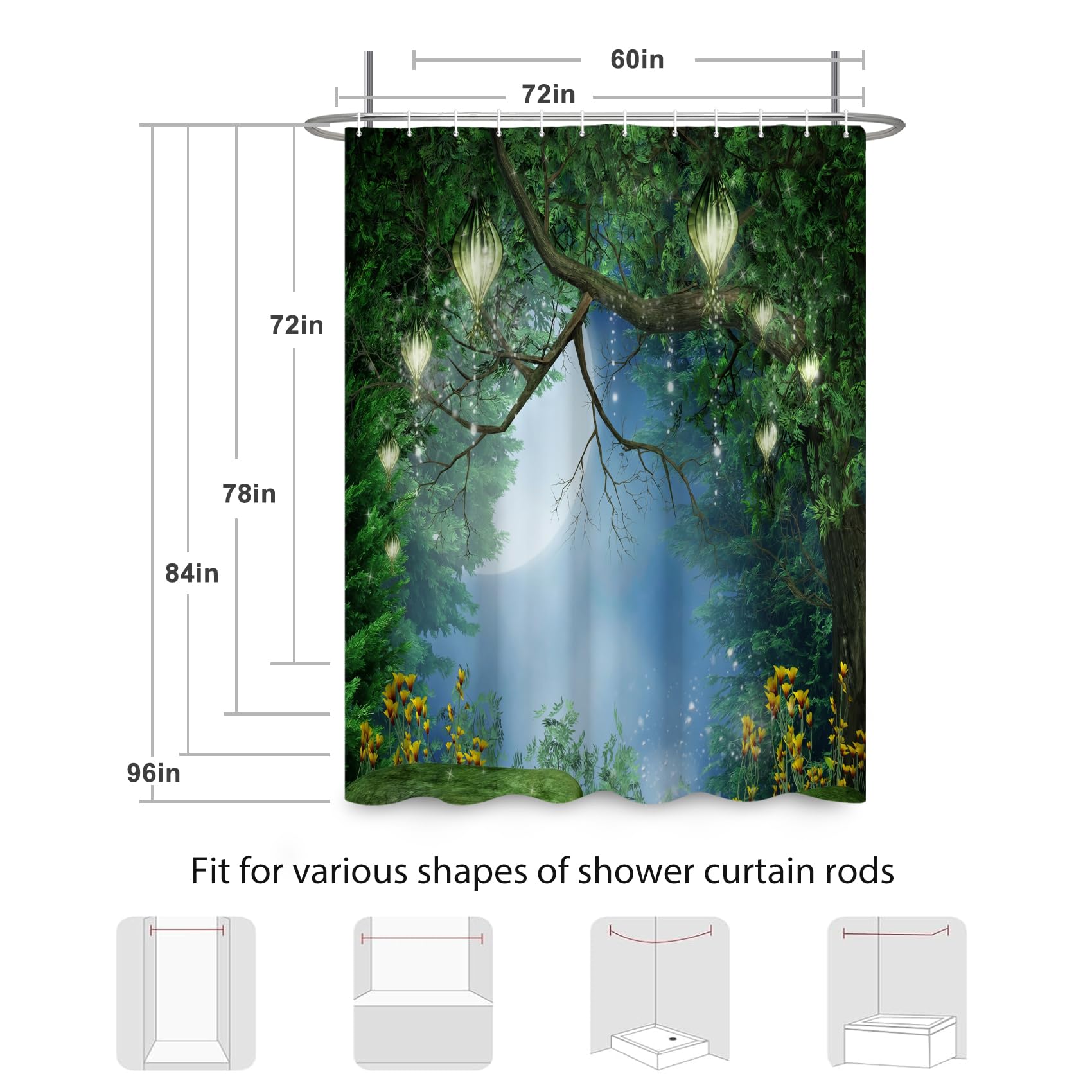 Renaiss 72x72 Inches Enchanted Forest Shower Curtains for Bathroom Wonderland Fantasy Shower Curtain Fairy Tales Magic Tree Full Moon Lanterns Jungle Bath Curtain Decorative Waterproof with Hooks - Image 7