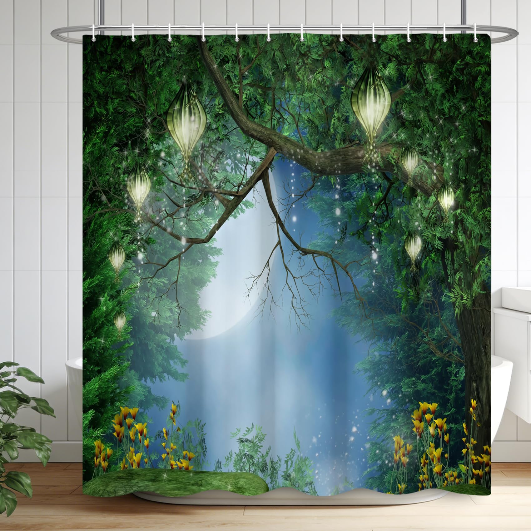 Renaiss 72x72 Inches Enchanted Forest Shower Curtains for Bathroom Wonderland Fantasy Shower Curtain Fairy Tales Magic Tree Full Moon Lanterns Jungle Bath Curtain Decorative Waterproof with Hooks - Image 8