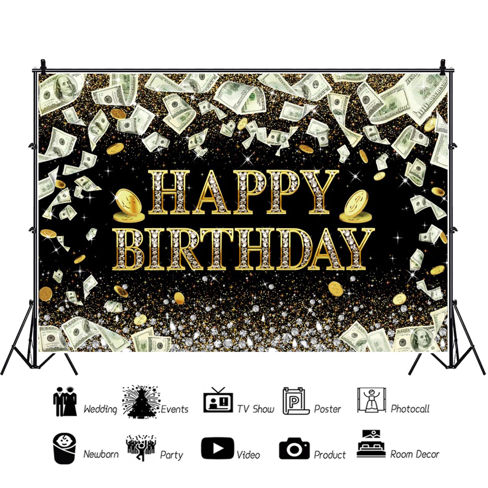 Renaiss 7x5ft Dollar Bill Birthday Backdrop Dollar Coins Diamonds Glittering Black Gold Money Birthday Photography Background Billions Theme Money Casino Birthday Party Banner Photo Booth Props - Image 3