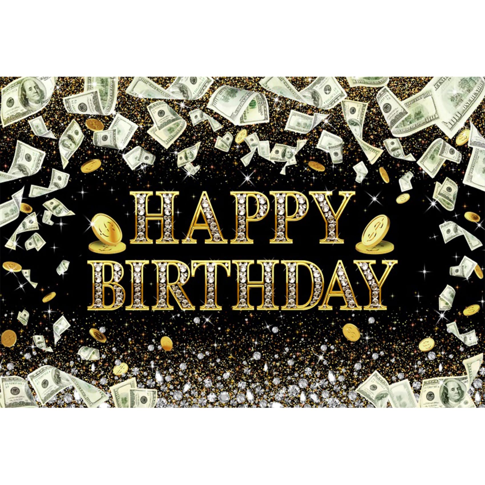 Renaiss 7x5ft Dollar Bill Birthday Backdrop Dollar Coins Diamonds Glittering Black Gold Money Birthday Photography Background Billions Theme Money Casino Birthday Party Banner Photo Booth Props - Image 4