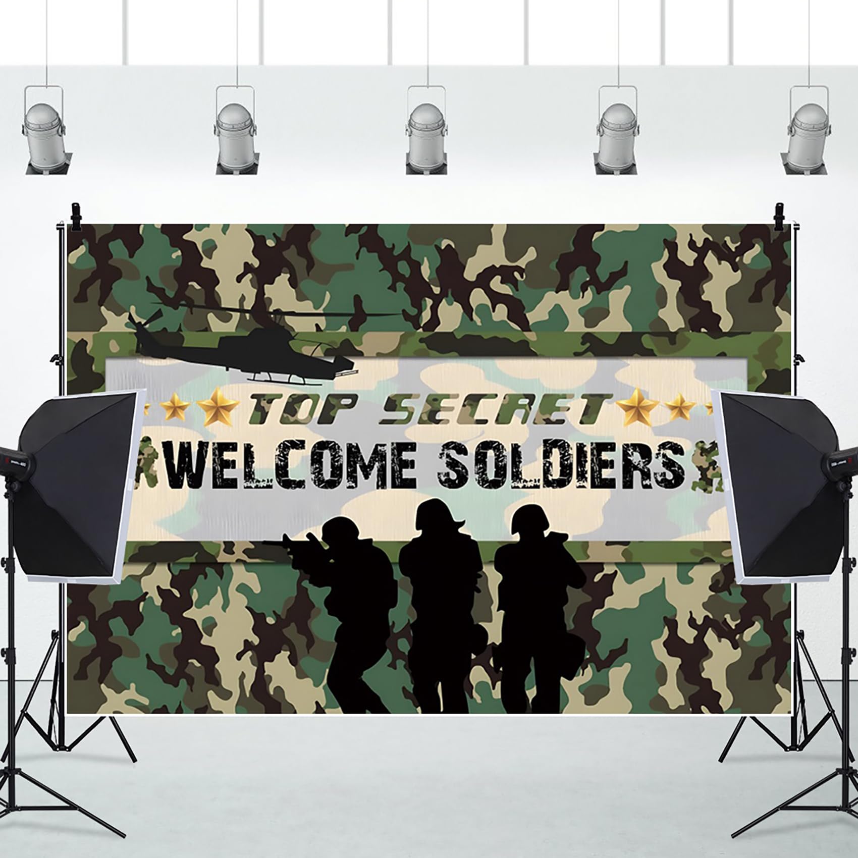 Renaiss 7x5ft Fabric Army Soldier Backdrop Welcome Soldiers Camouflage Photography Background Gold Stars Top Secret Military Helicopter Boot Camp Banner Kids Patriotic Birthday Party Decor Photo Props - Image 3