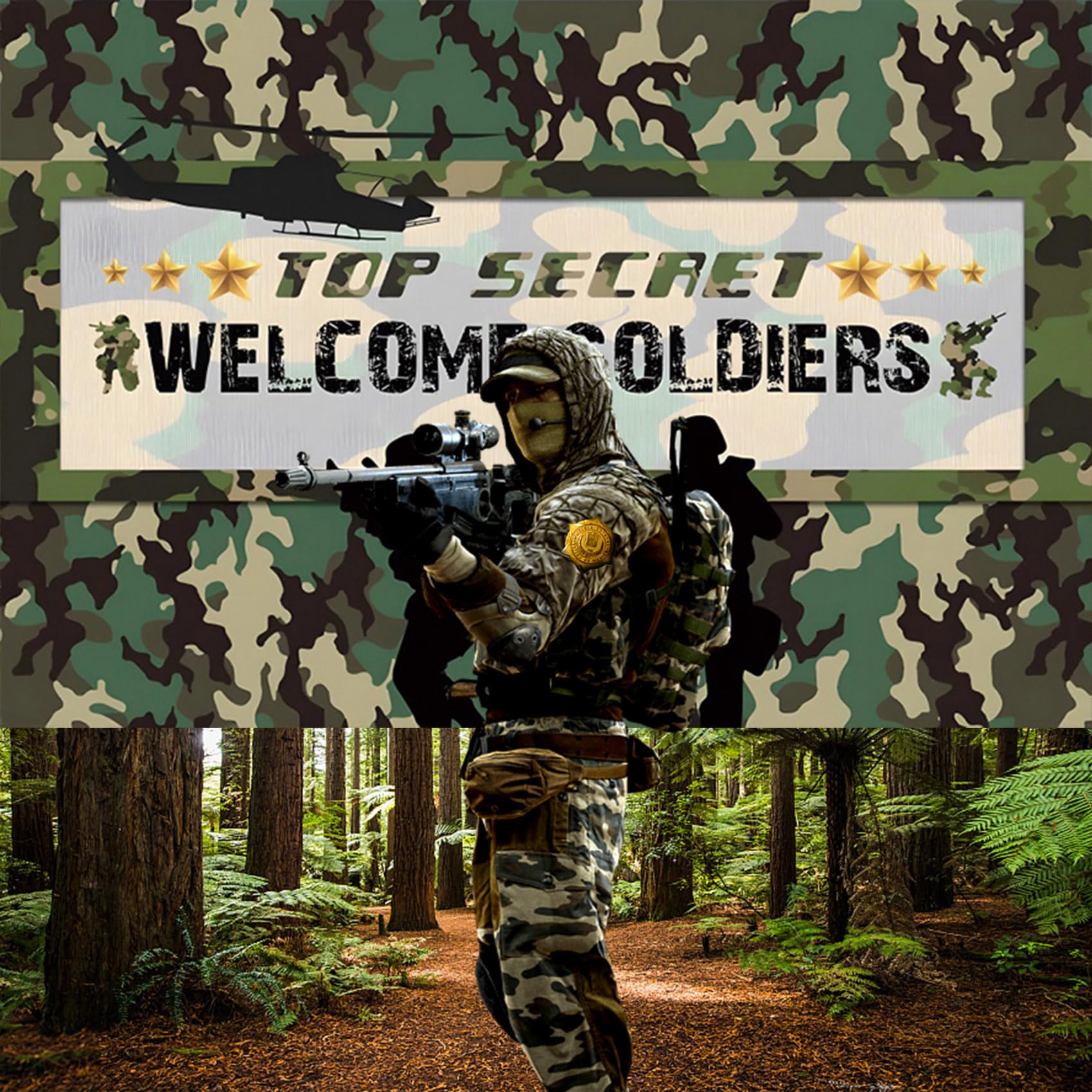 Renaiss 7x5ft Fabric Army Soldier Backdrop Welcome Soldiers Camouflage Photography Background Gold Stars Top Secret Military Helicopter Boot Camp Banner Kids Patriotic Birthday Party Decor Photo Props - Image 4