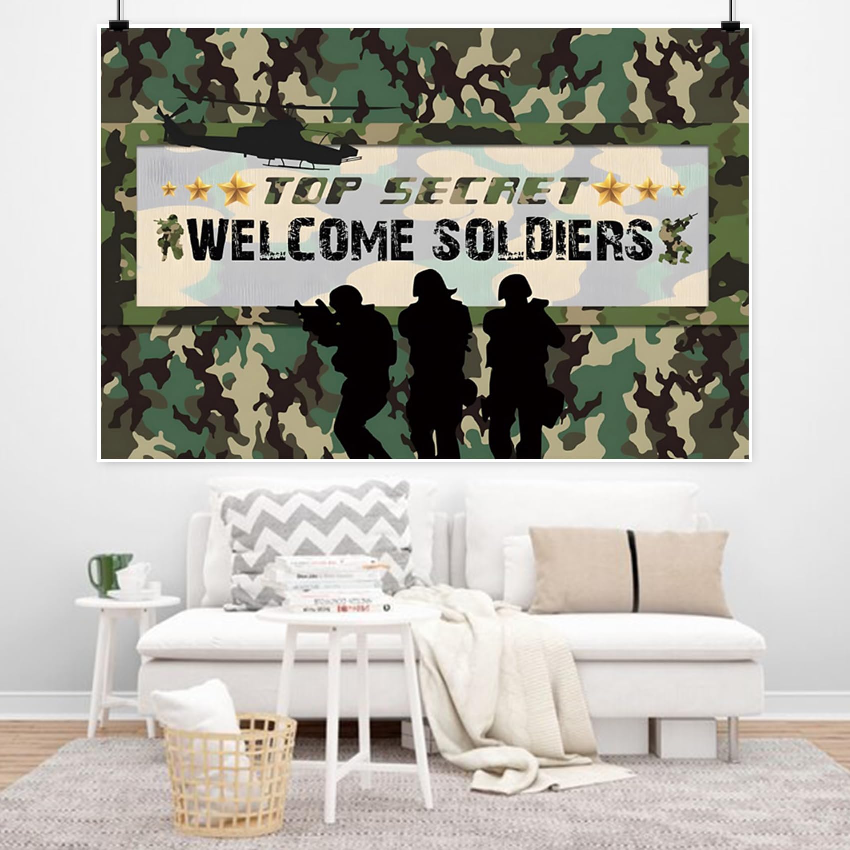 Renaiss 7x5ft Fabric Army Soldier Backdrop Welcome Soldiers Camouflage Photography Background Gold Stars Top Secret Military Helicopter Boot Camp Banner Kids Patriotic Birthday Party Decor Photo Props - Image 5