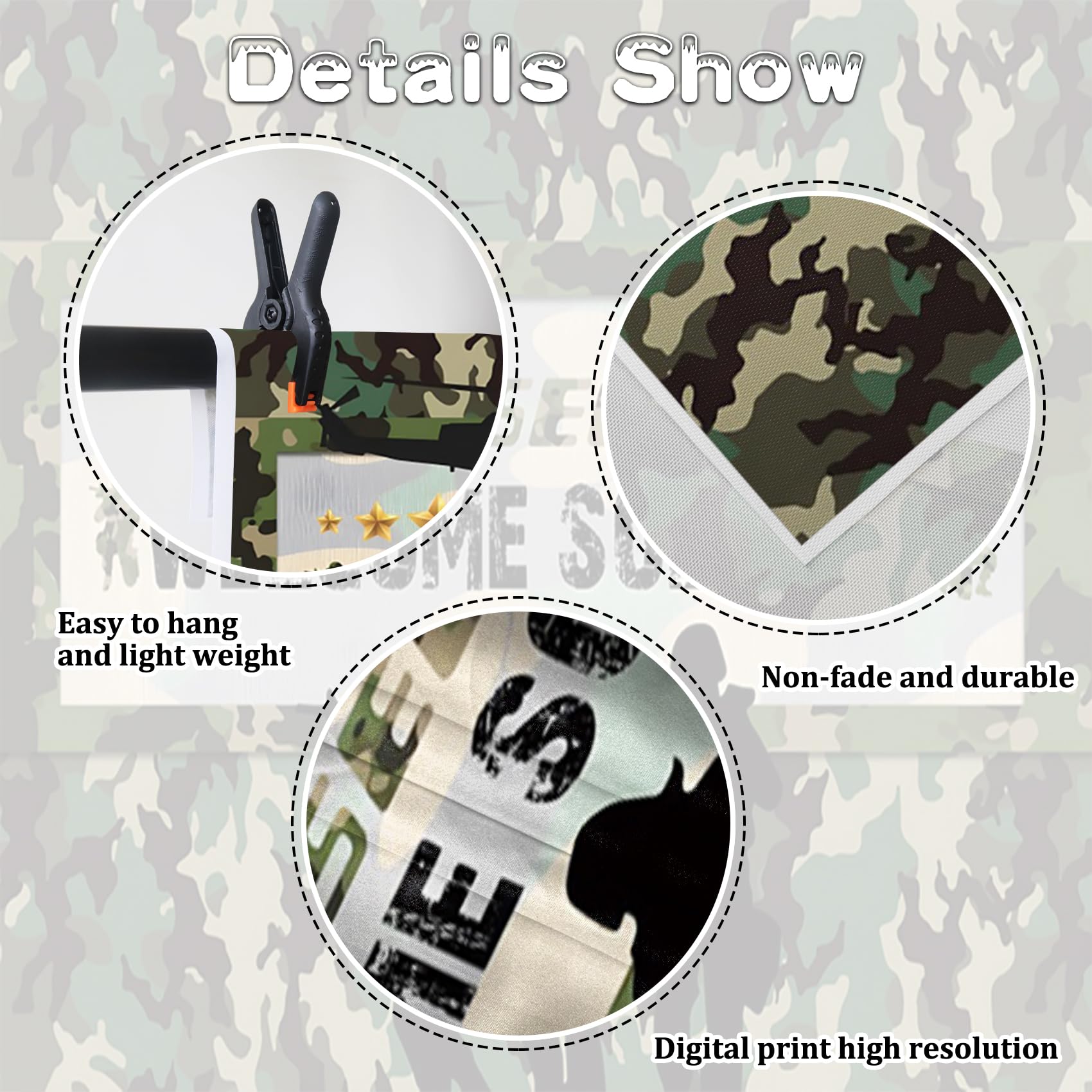 Renaiss 7x5ft Fabric Army Soldier Backdrop Welcome Soldiers Camouflage Photography Background Gold Stars Top Secret Military Helicopter Boot Camp Banner Kids Patriotic Birthday Party Decor Photo Props - Image 6