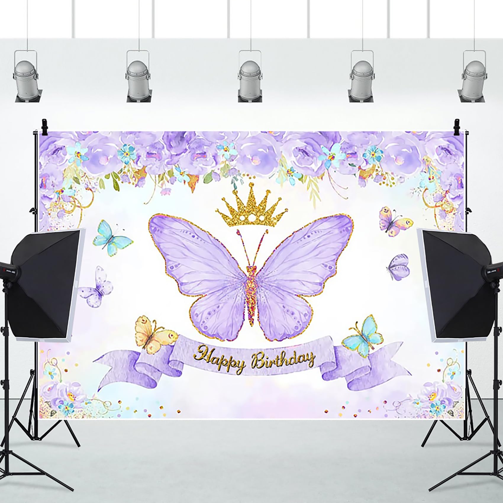 Renaiss 7x5ft Fabric Purple Butterfly Happy Birthday Backdrop Rose Flower Gold Crown Photography Background Girls Princess Birthday Party Decor Dessert Table Banner Portrait Selfie Photo Props - Image 3