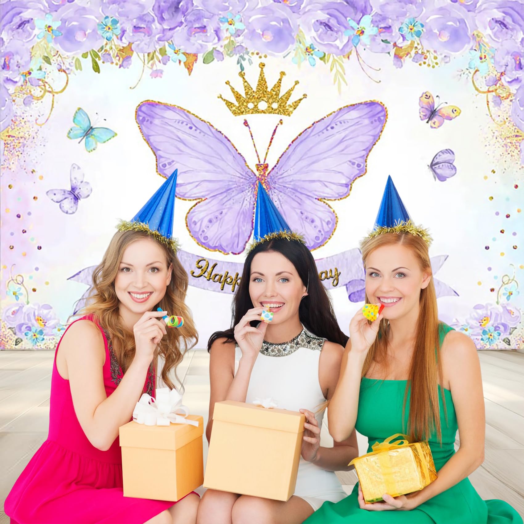Renaiss 7x5ft Fabric Purple Butterfly Happy Birthday Backdrop Rose Flower Gold Crown Photography Background Girls Princess Birthday Party Decor Dessert Table Banner Portrait Selfie Photo Props - Image 4