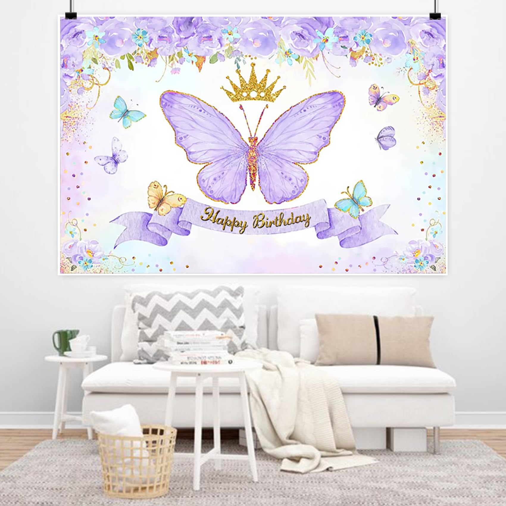 Renaiss 7x5ft Fabric Purple Butterfly Happy Birthday Backdrop Rose Flower Gold Crown Photography Background Girls Princess Birthday Party Decor Dessert Table Banner Portrait Selfie Photo Props - Image 5