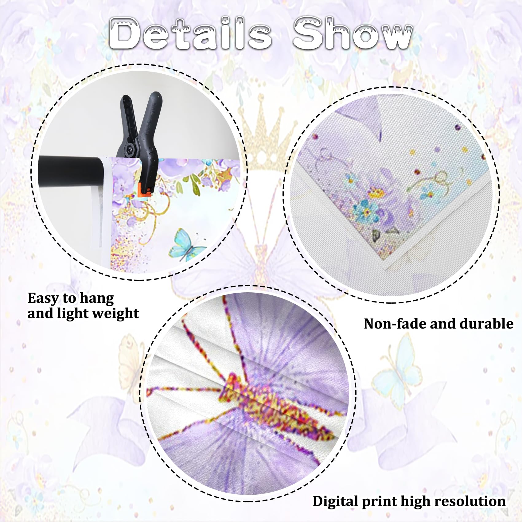 Renaiss 7x5ft Fabric Purple Butterfly Happy Birthday Backdrop Rose Flower Gold Crown Photography Background Girls Princess Birthday Party Decor Dessert Table Banner Portrait Selfie Photo Props - Image 6