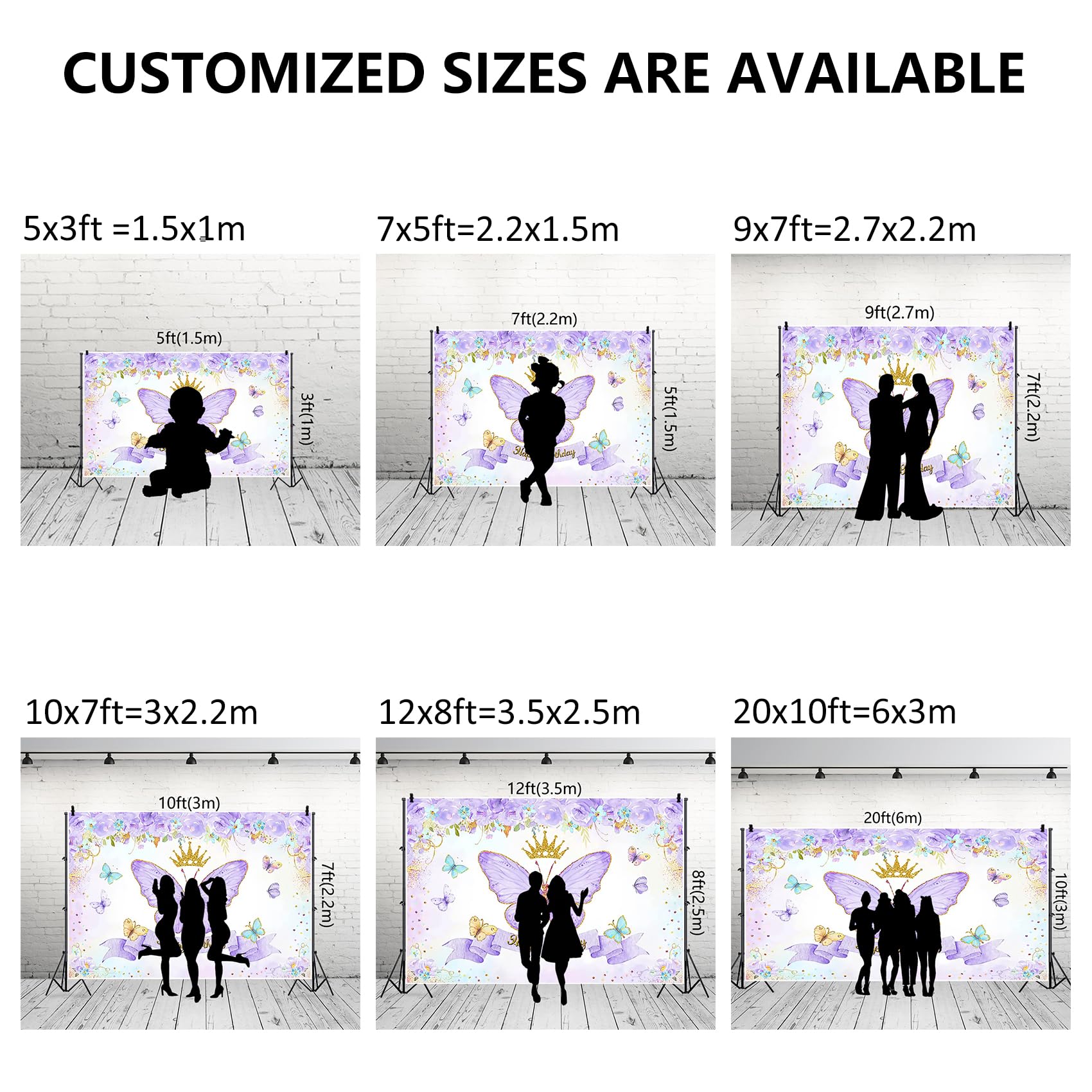 Renaiss 7x5ft Fabric Purple Butterfly Happy Birthday Backdrop Rose Flower Gold Crown Photography Background Girls Princess Birthday Party Decor Dessert Table Banner Portrait Selfie Photo Props - Image 7