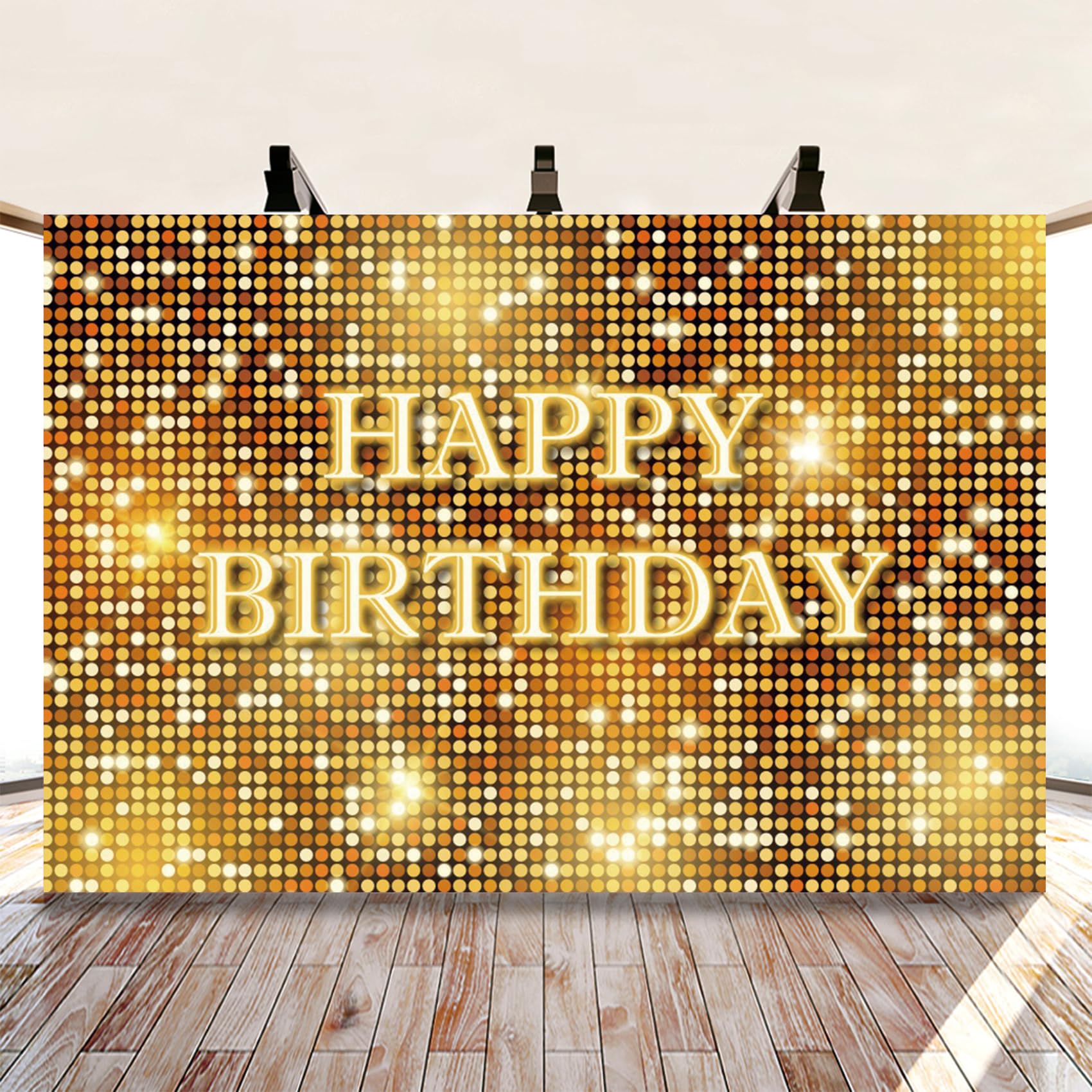 Renaiss 7x5ft Golden Disco Birthday Backdrop Gold Glittering Neon Birthday Photography Background Karaoke Halos Gold Flash Happy Birthday Banner Birthday Party Decor Shinning Wall Photo Booth Props - Image 3
