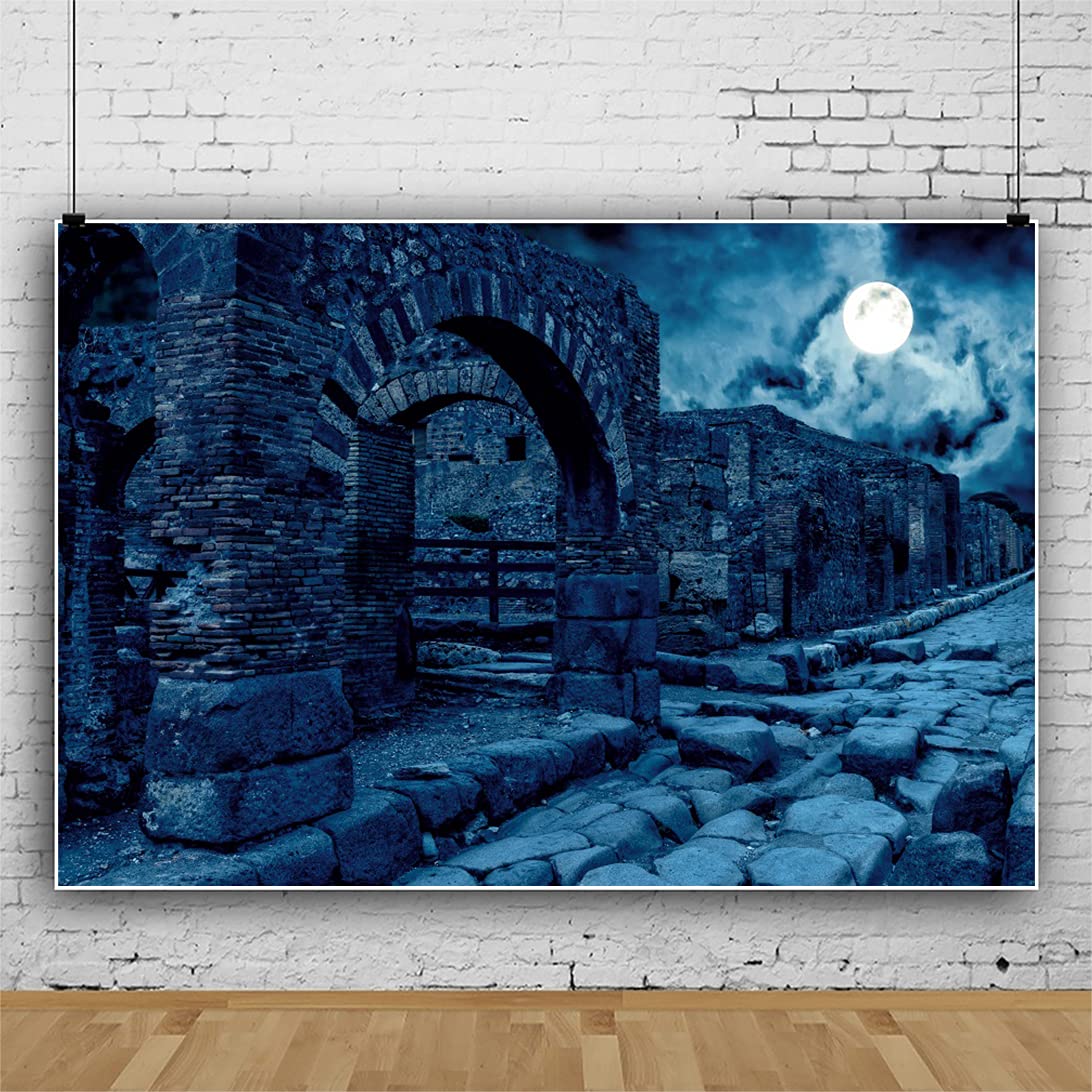 Renaiss 7x5ft Halloween Backdrop Ancient Ruins Stone Town Dark Night Full Moon Horror Photography Background Vintage Punk Gothic Medieval Buildings Photo Video Studio Props Party Supplies Decor Vinyl - Image 3