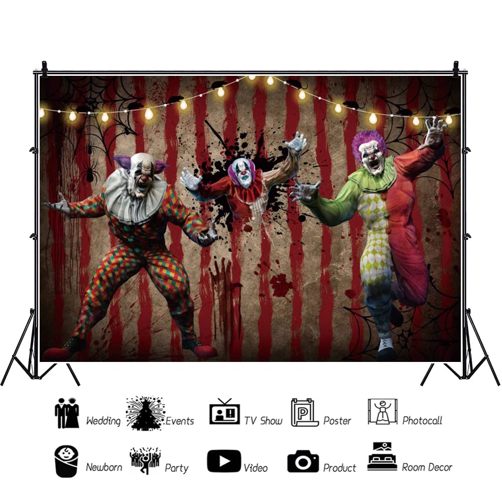 Renaiss 7x5ft Halloween Evil Clown Backdrop Horror Circus Scary Carnival Halloween Background Blood Handprint Spiderweb Trunk or Treat Birthday Party Decors Clown Circus Halloween Photo Booth Props - Image 3
