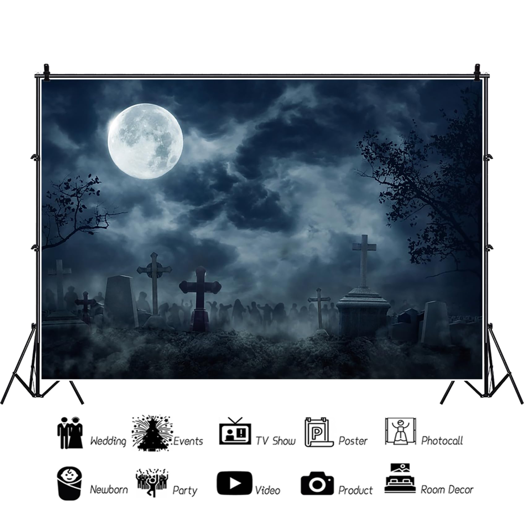 Renaiss 7x5ft Halloween Zombie Backdrop Full Moon Cemetery Night Dark Clouds Overcast Haunted Graveyard Creepy Walking Dead Photography Background Horror Dress up Party Decors Photo Studio Props - Image 3