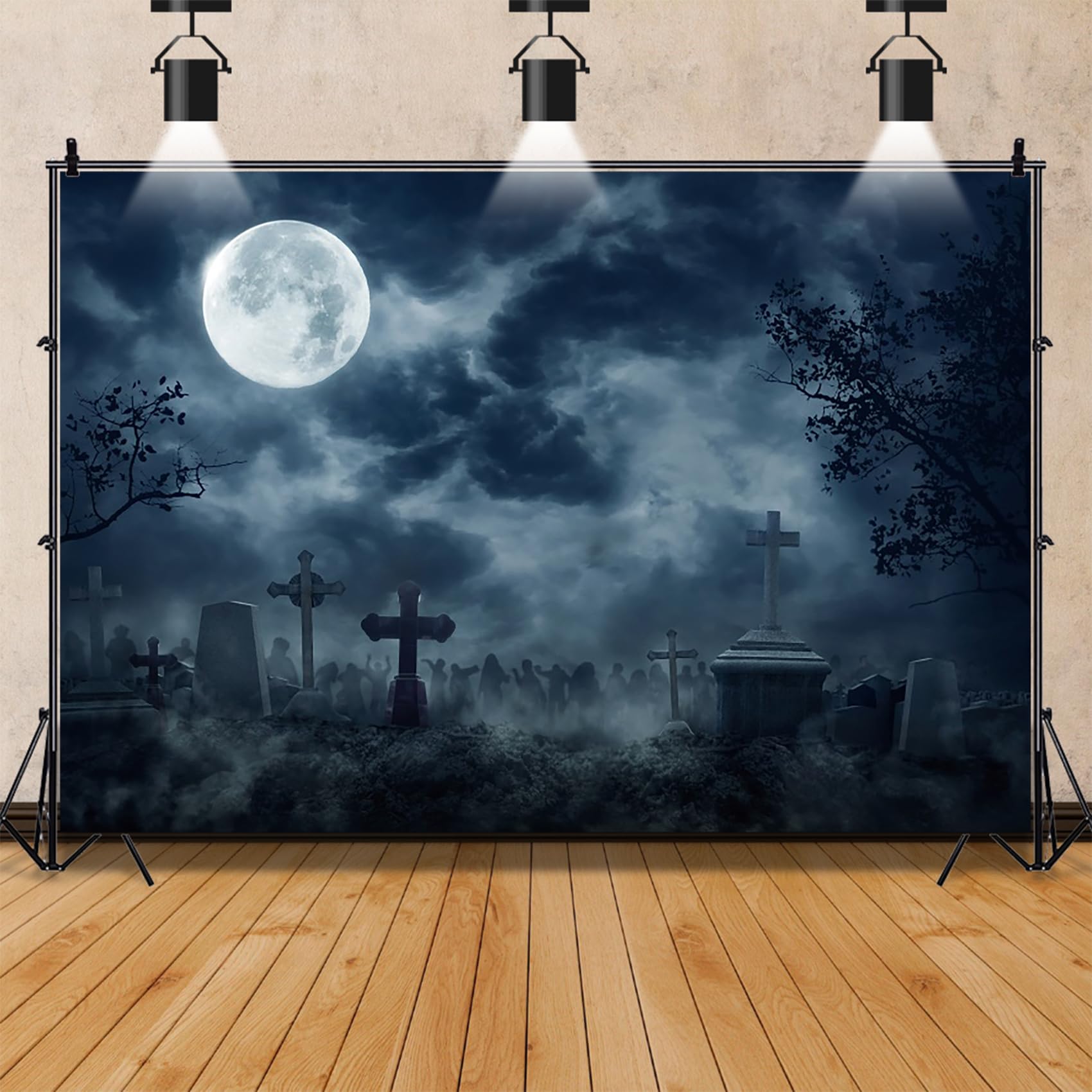 Renaiss 7x5ft Halloween Zombie Backdrop Full Moon Cemetery Night Dark Clouds Overcast Haunted Graveyard Creepy Walking Dead Photography Background Horror Dress up Party Decors Photo Studio Props - Image 4