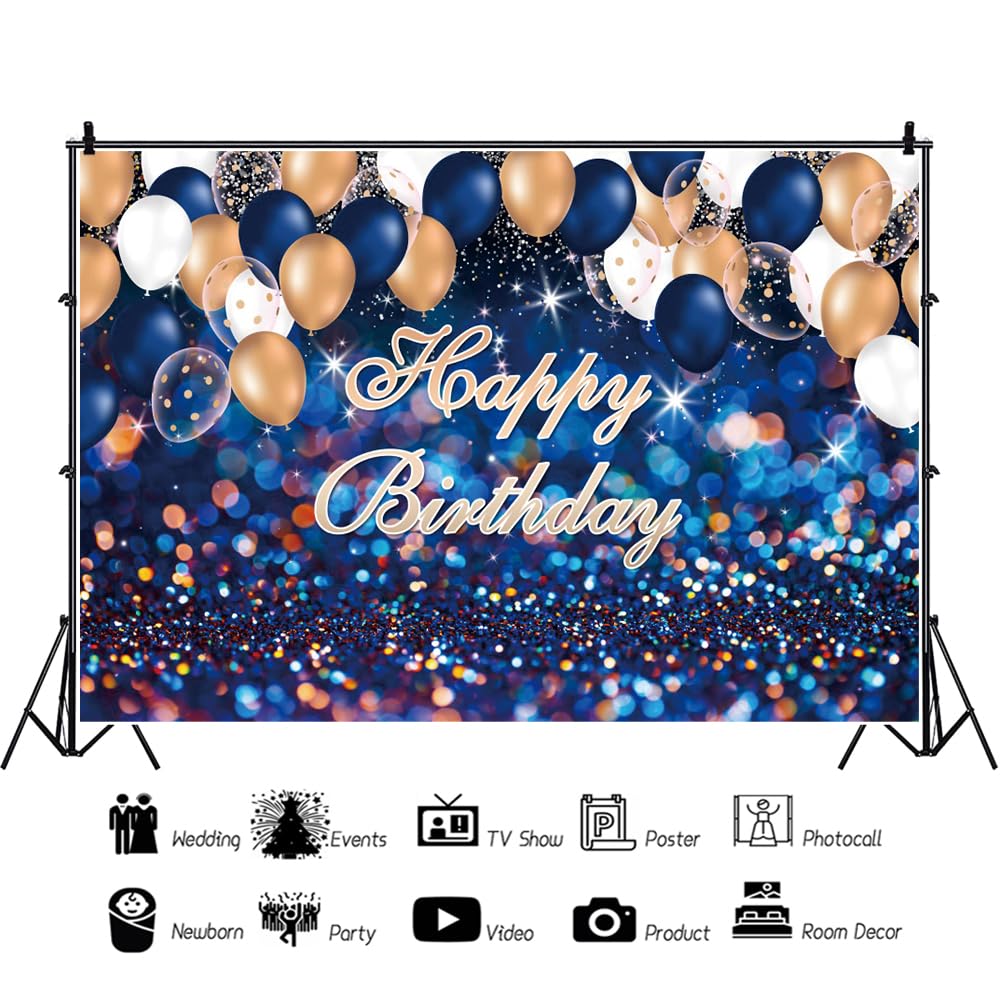 Renaiss 7x5ft Happy Birthday Backdrop Banner for Photoshoot Bright Glittering Royal Blue Birthday Photography Background Men Women Kids Birthday Party Decor Navy Blue and Gold Bday Photo Booth Prop - Image 3