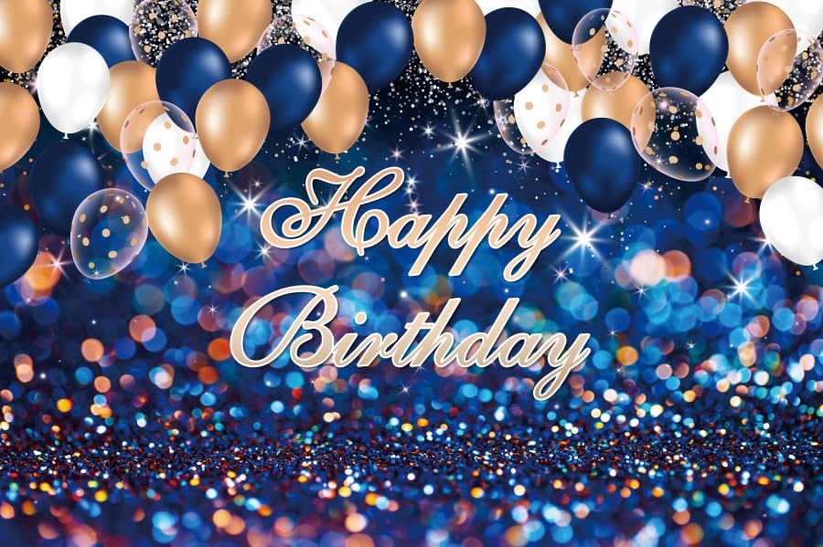 Renaiss 7x5ft Happy Birthday Backdrop Banner for Photoshoot Bright Glittering Royal Blue Birthday Photography Background Men Women Kids Birthday Party Decor Navy Blue and Gold Bday Photo Booth Prop - Image 4