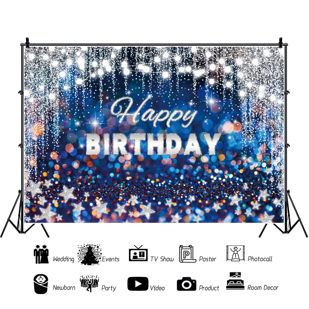 Renaiss 7x5ft Happy Birthday Backdrop Banner for Photoshoot Silver and Blue Birthday Photography Background Glittering Stars Royal Blue Bokeh Men Women Kids Birthday Party Decor Photo Booth Props - Image 3