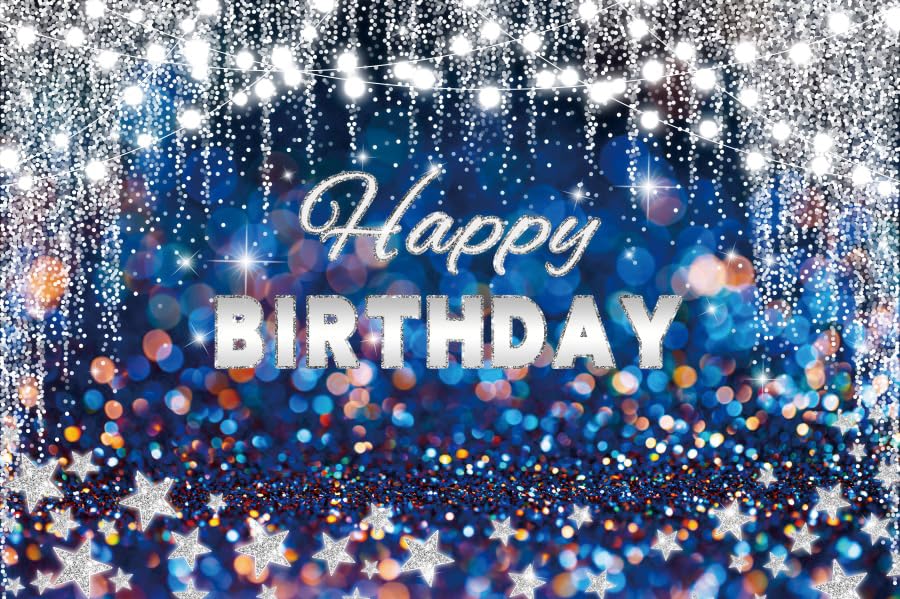 Renaiss 7x5ft Happy Birthday Backdrop Banner for Photoshoot Silver and Blue Birthday Photography Background Glittering Stars Royal Blue Bokeh Men Women Kids Birthday Party Decor Photo Booth Props - Image 4
