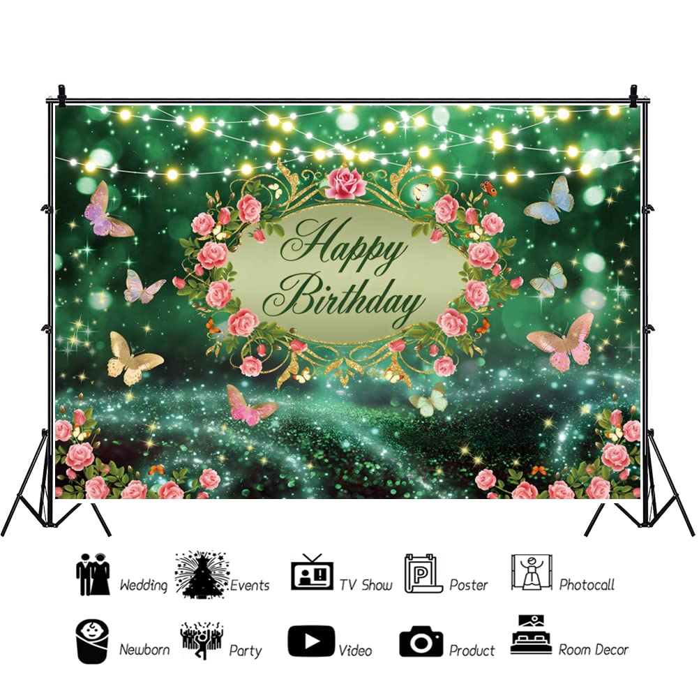 Renaiss 7x5ft Happy Birthday Backdrop Banner Spring Enchanted Garden Green Fairy Tale Wonderland Photography Background Rose Flowers Butterfly Princess Girls Birthday Party Decor Photo Booth Props - Image 3