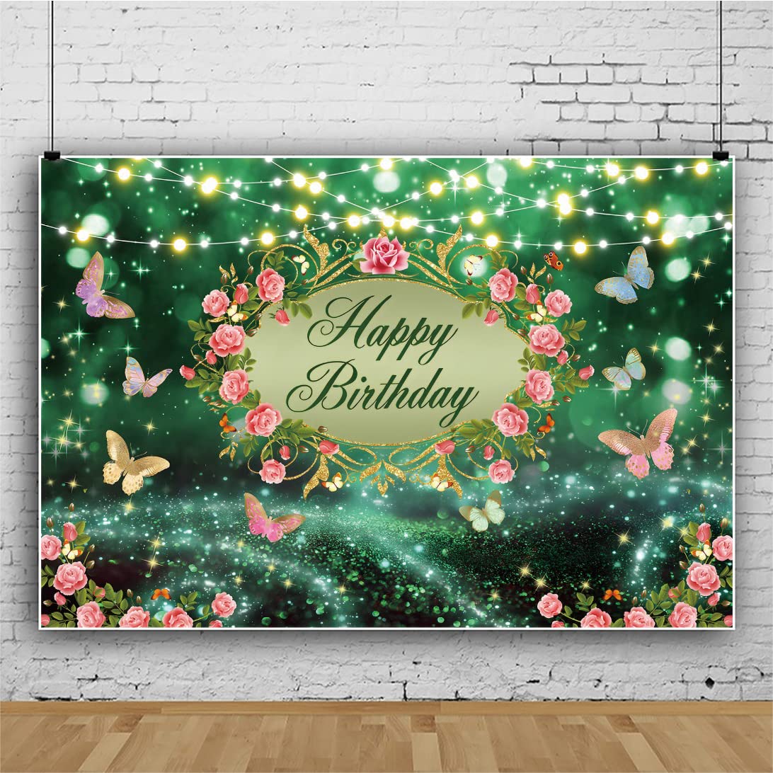 Renaiss 7x5ft Happy Birthday Backdrop Banner Spring Enchanted Garden Green Fairy Tale Wonderland Photography Background Rose Flowers Butterfly Princess Girls Birthday Party Decor Photo Booth Props - Image 4