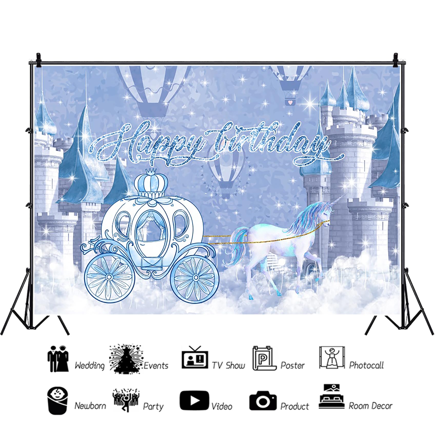 Renaiss 7x5ft Happy Birthday Backdrop Banner Unicorn Pumpkin Carriage Birthday Photography Background Fairy Tale Blue Royal Castle Princess Carriage Girls Birthday Party Decor Photo Booth Props - Image 3
