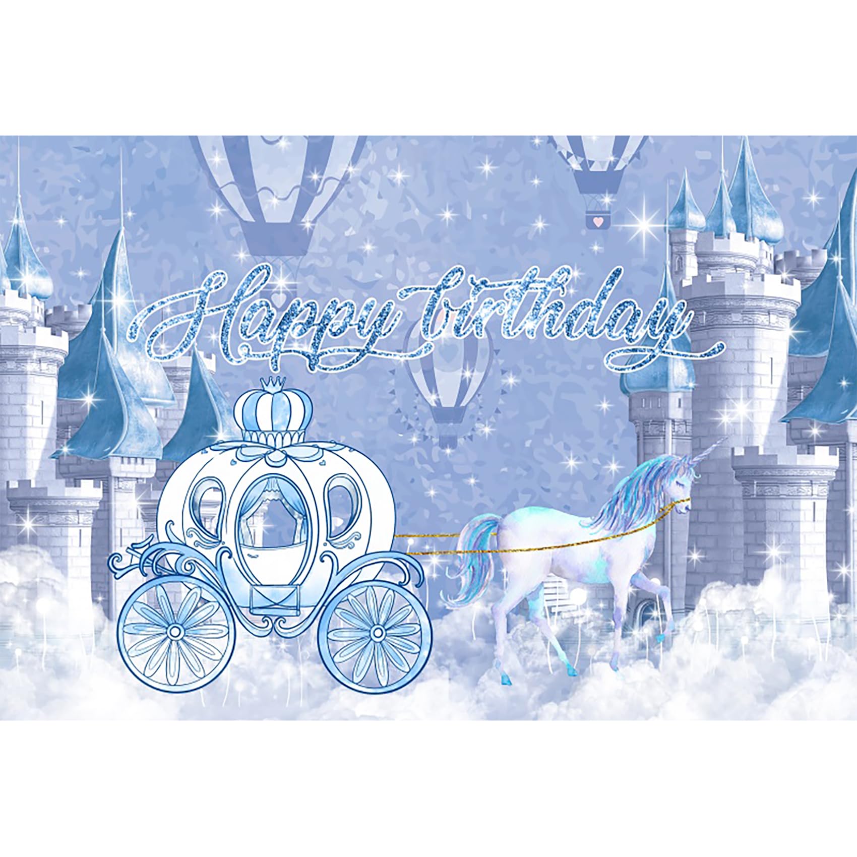 Renaiss 7x5ft Happy Birthday Backdrop Banner Unicorn Pumpkin Carriage Birthday Photography Background Fairy Tale Blue Royal Castle Princess Carriage Girls Birthday Party Decor Photo Booth Props - Image 4