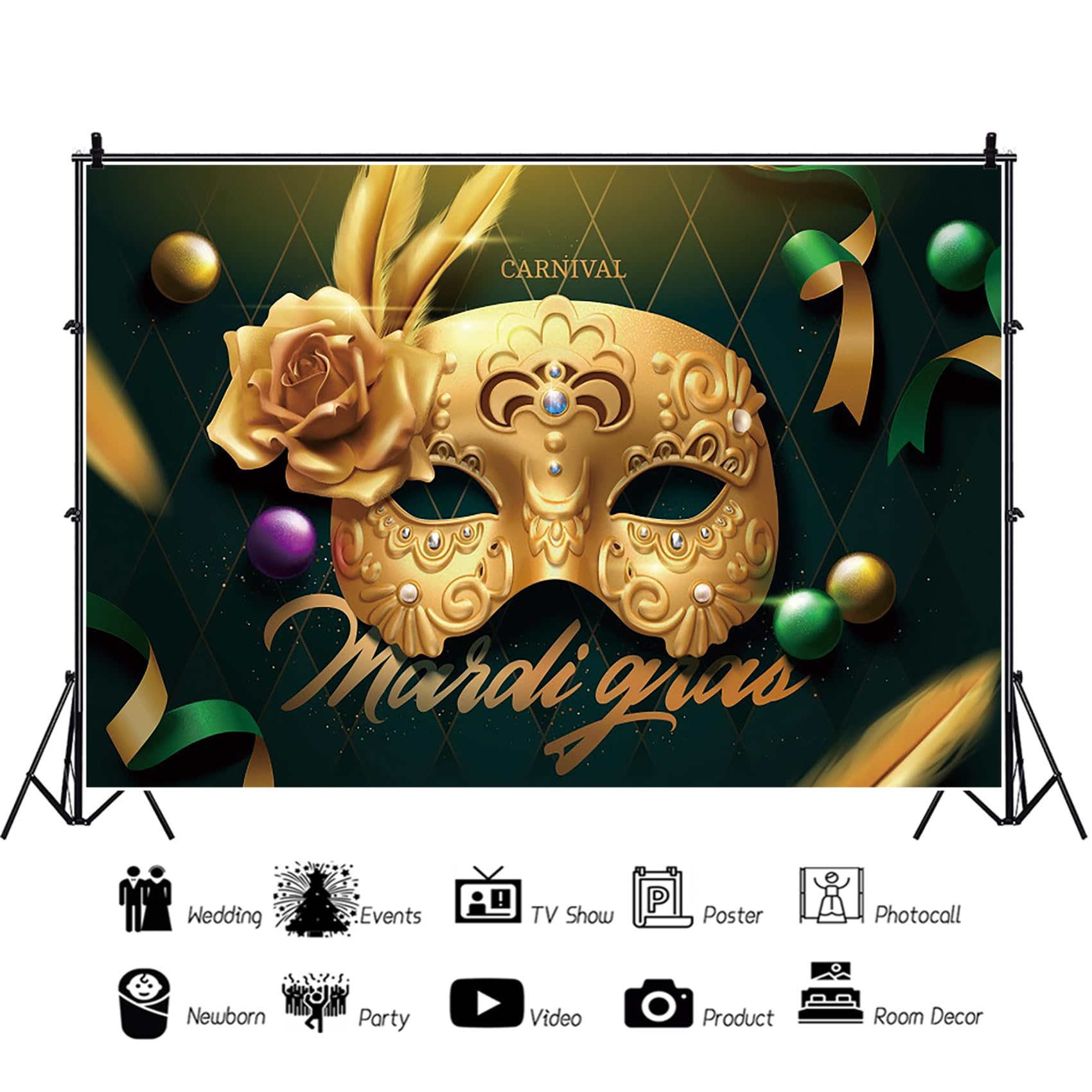 Renaiss 7x5ft Mardi Gras Backdrop Masquerade Carnival Photography Background Dress-Up Prom Masked Ball Rave Birthday Mardi Gras Party Decors Gold Mask Green Masquerade Photo Studio Booth Props - Image 3