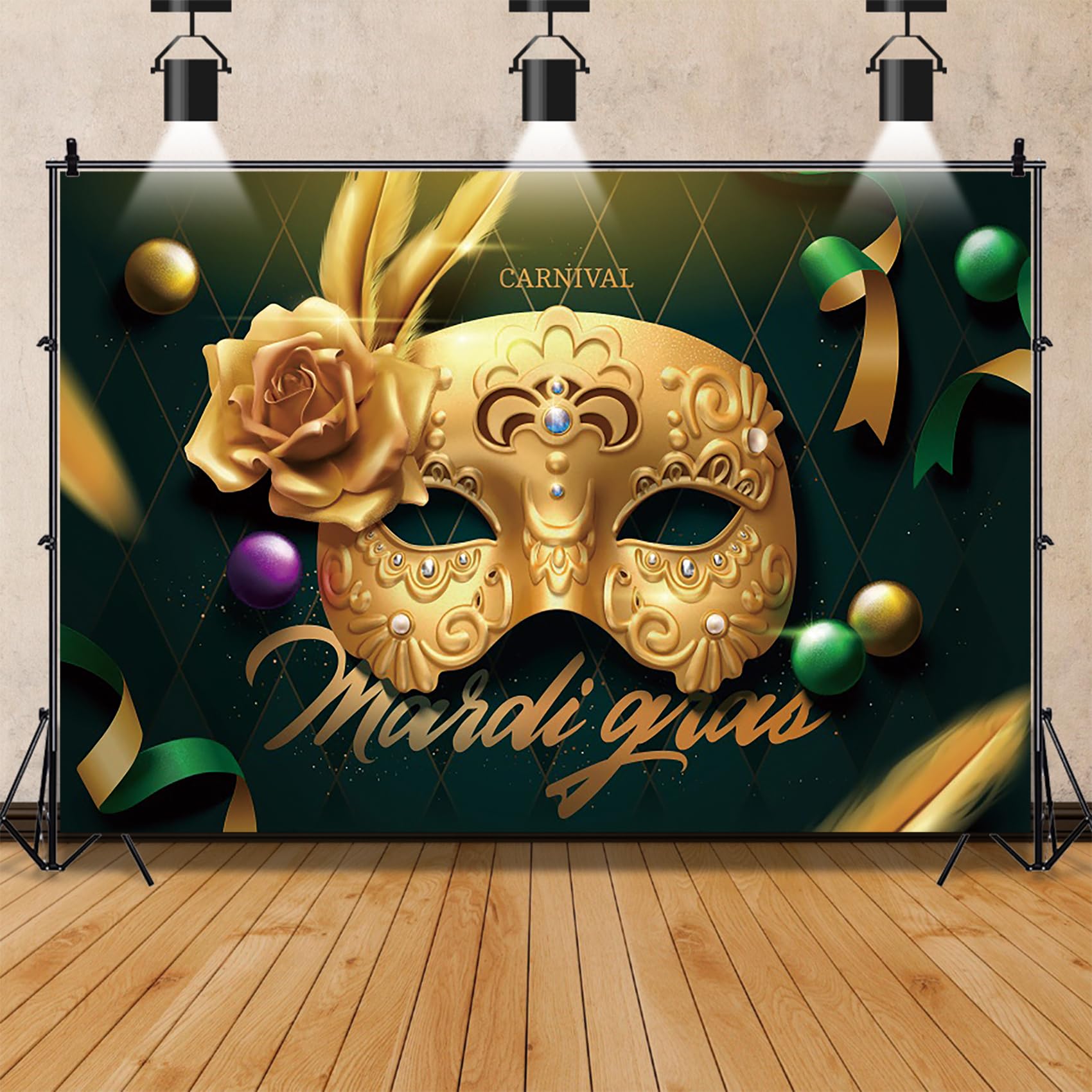 Renaiss 7x5ft Mardi Gras Backdrop Masquerade Carnival Photography Background Dress-Up Prom Masked Ball Rave Birthday Mardi Gras Party Decors Gold Mask Green Masquerade Photo Studio Booth Props - Image 4