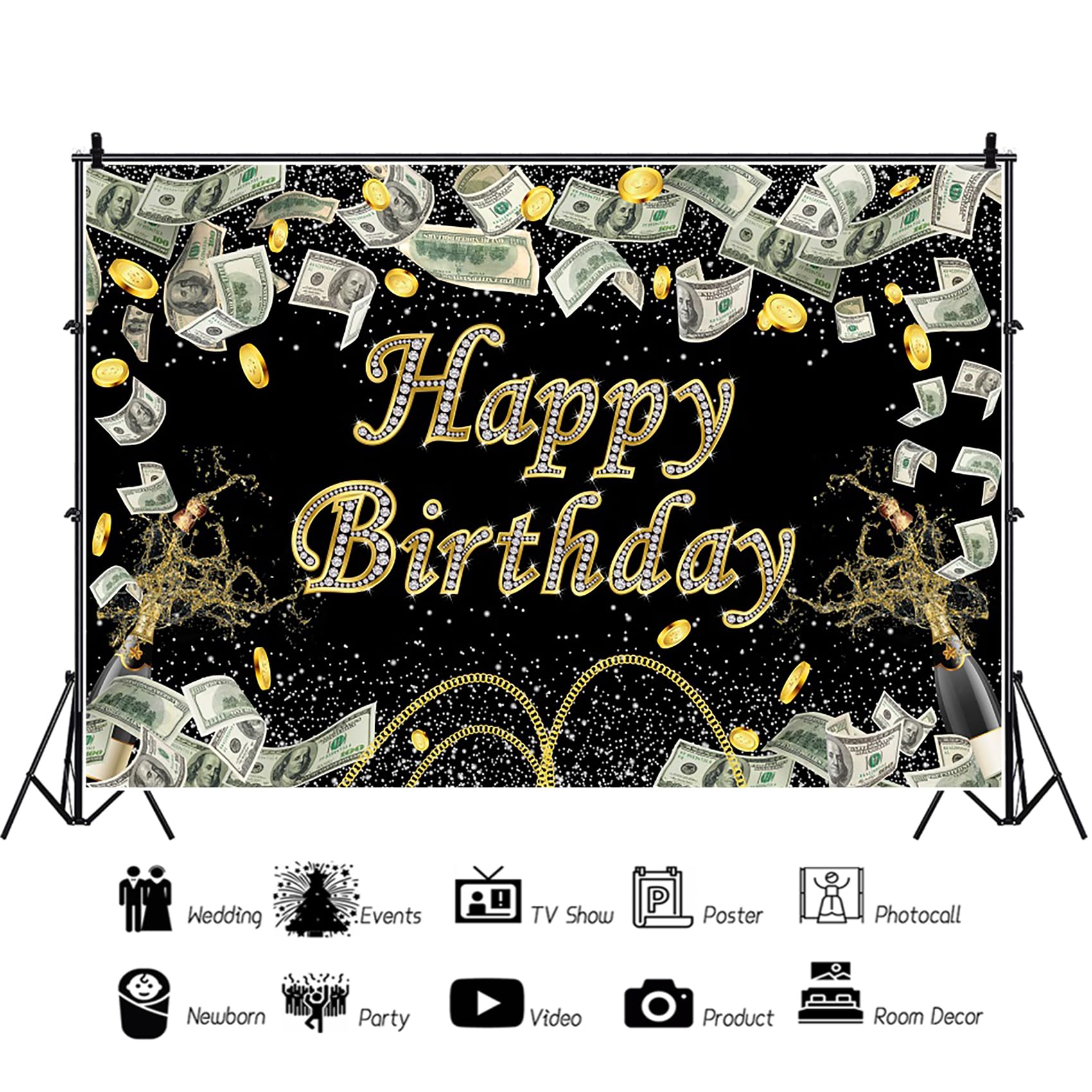 Renaiss 7x5ft Money Black Gold Dollar Bill Birthday Banner Champagne Diamond Dollar Coins Casino Party Decor Photo Booth Props - Image 3